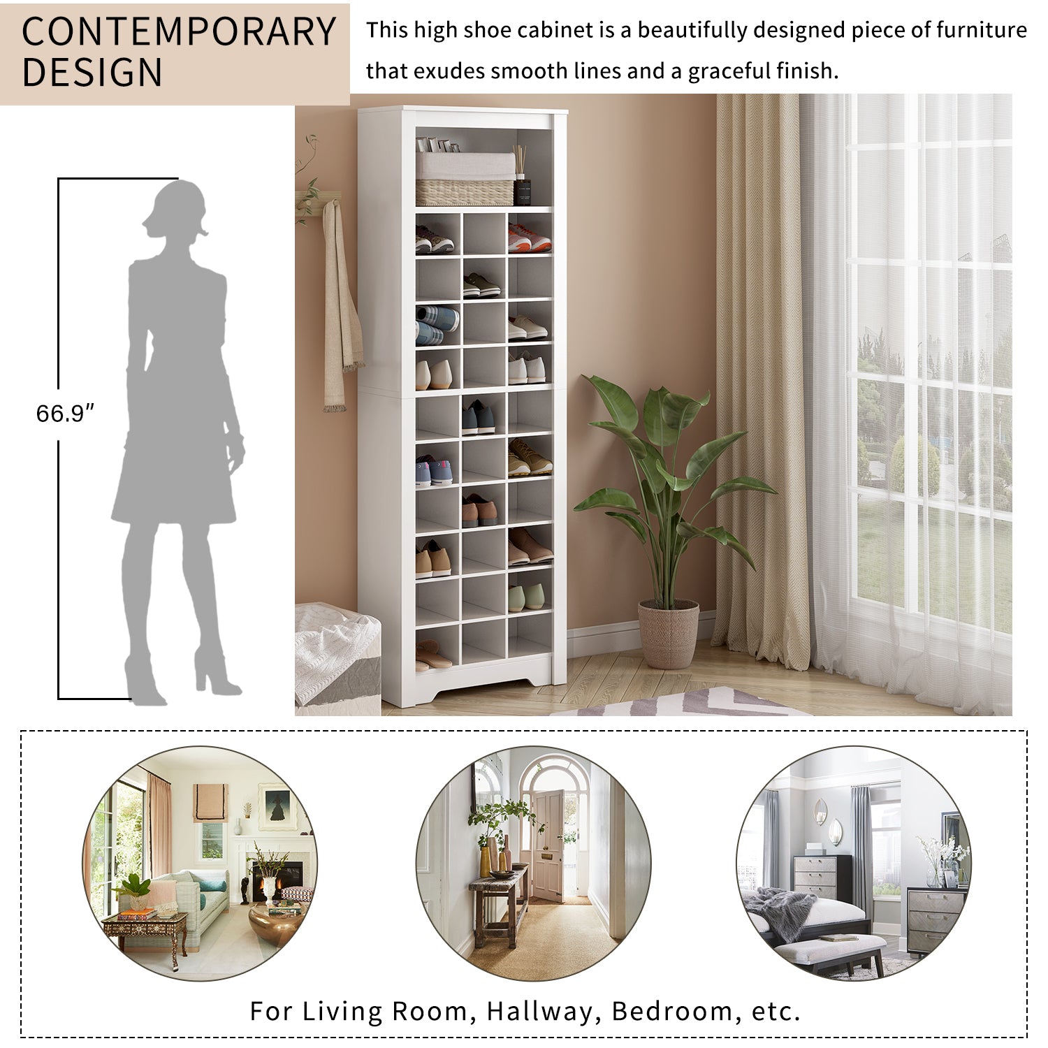 HAOYYE ON-TREND Stylish Design 30 Shoe Cubby Console, Contemporary Shoe Cabinet with Multiple Storage Capacity, Free Standing Tall Cabinet with Versatile Use for Hallway, Bedroom, White Sturdy Space-Saving