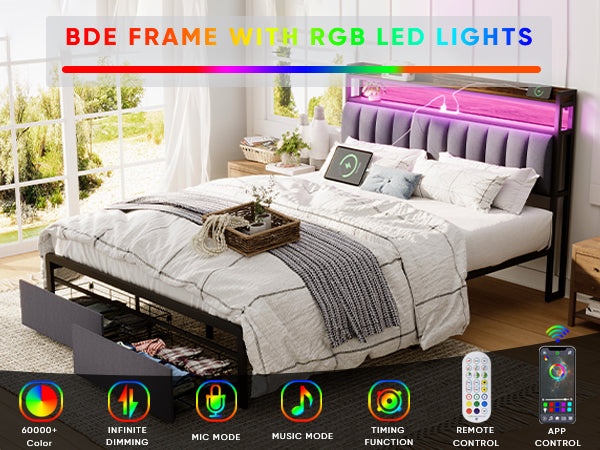 HAOYYE Queen Bed Frame with Storage Headboard and Drawers, LED Upholstered Platform Bed Frame with Built-in Charging Station, No Box Spring Needed, Easy Assembly, Sturdy and Space-Saving Design in Grey for Adults