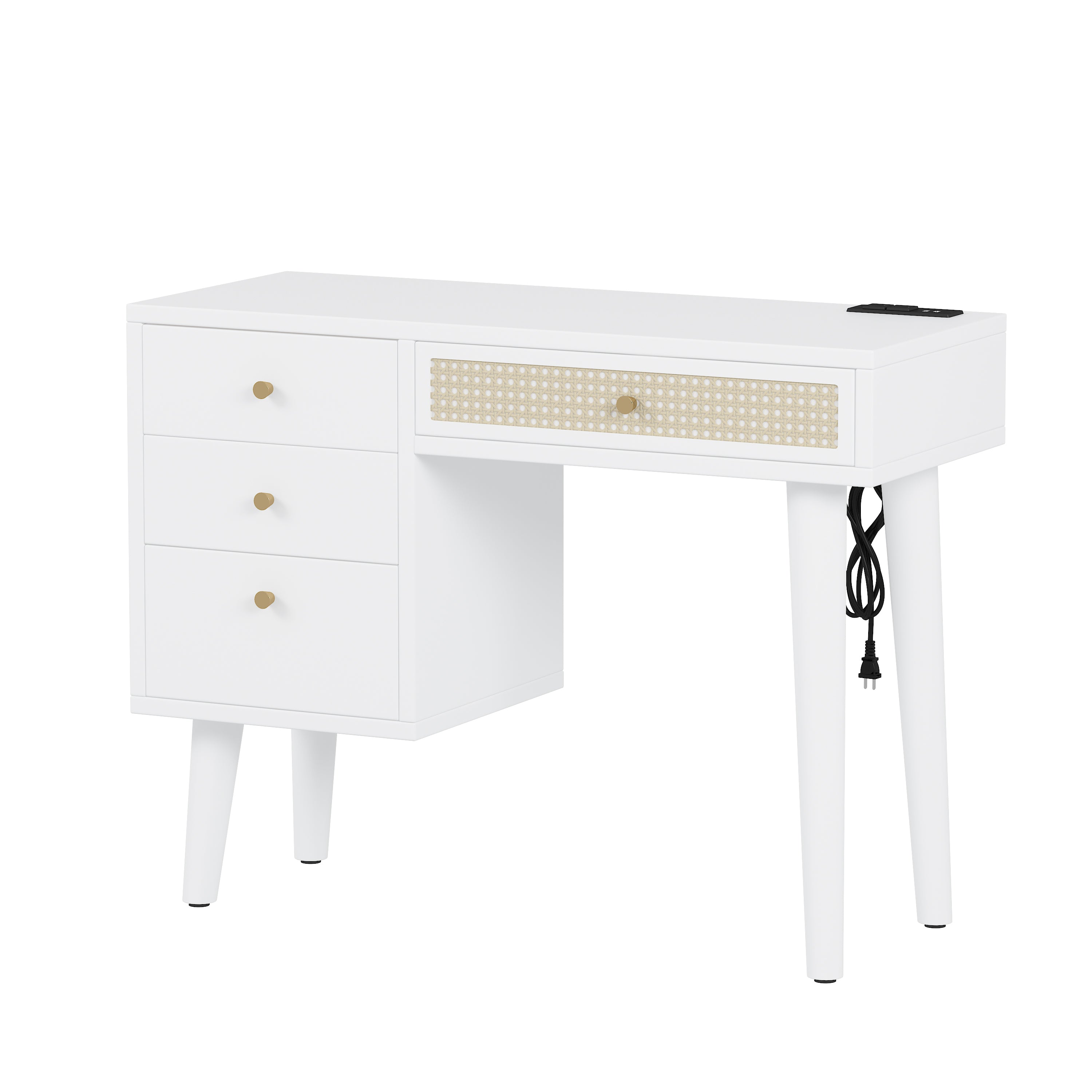 HAOYYE 39" Retro Bohemian Style Wooden Makeup Vanity Set with Charging Plug&USB Port and Stool, Dressing Table with 3 Storage Drawers and 1 Rectangular Rattan Drawer, White