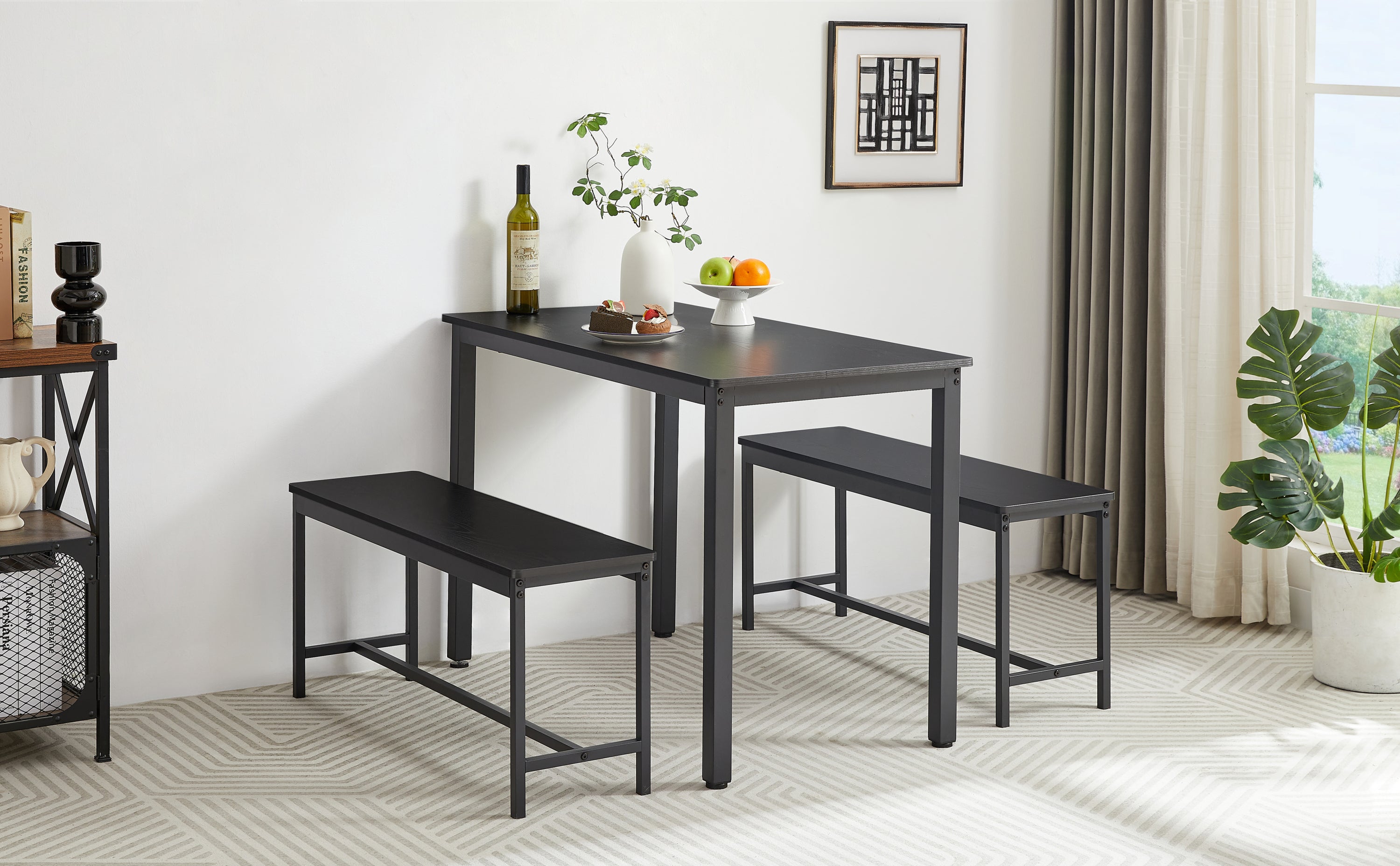 HAOYYE Dining Table Set with Bar Table and 2 Dining Benches, Kitchen Table Counter with Chairs, Industrial Style Breakfast Table for Living Room and Party Room, Sturdy Heavy Duty Design in Sleek Black for Home and Dorm Room Decor