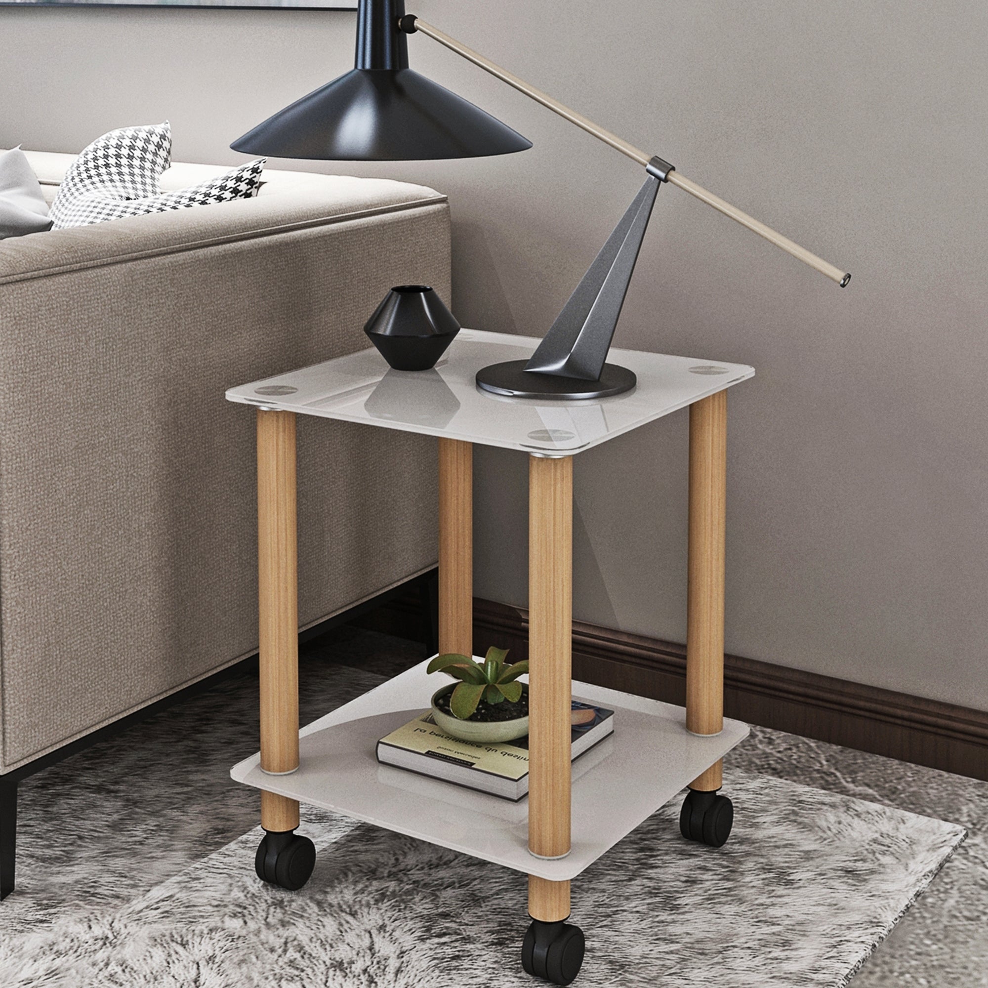 HAOYYE One Piece White And Oak Side Table with Two Tier Storage Shelf for Adults Dorm Room and Living Spaces Perfect as Nightstand, End Table or Sofa Table Featuring Heavy Duty Construction, Space Saving Functionality and Easy Assembly