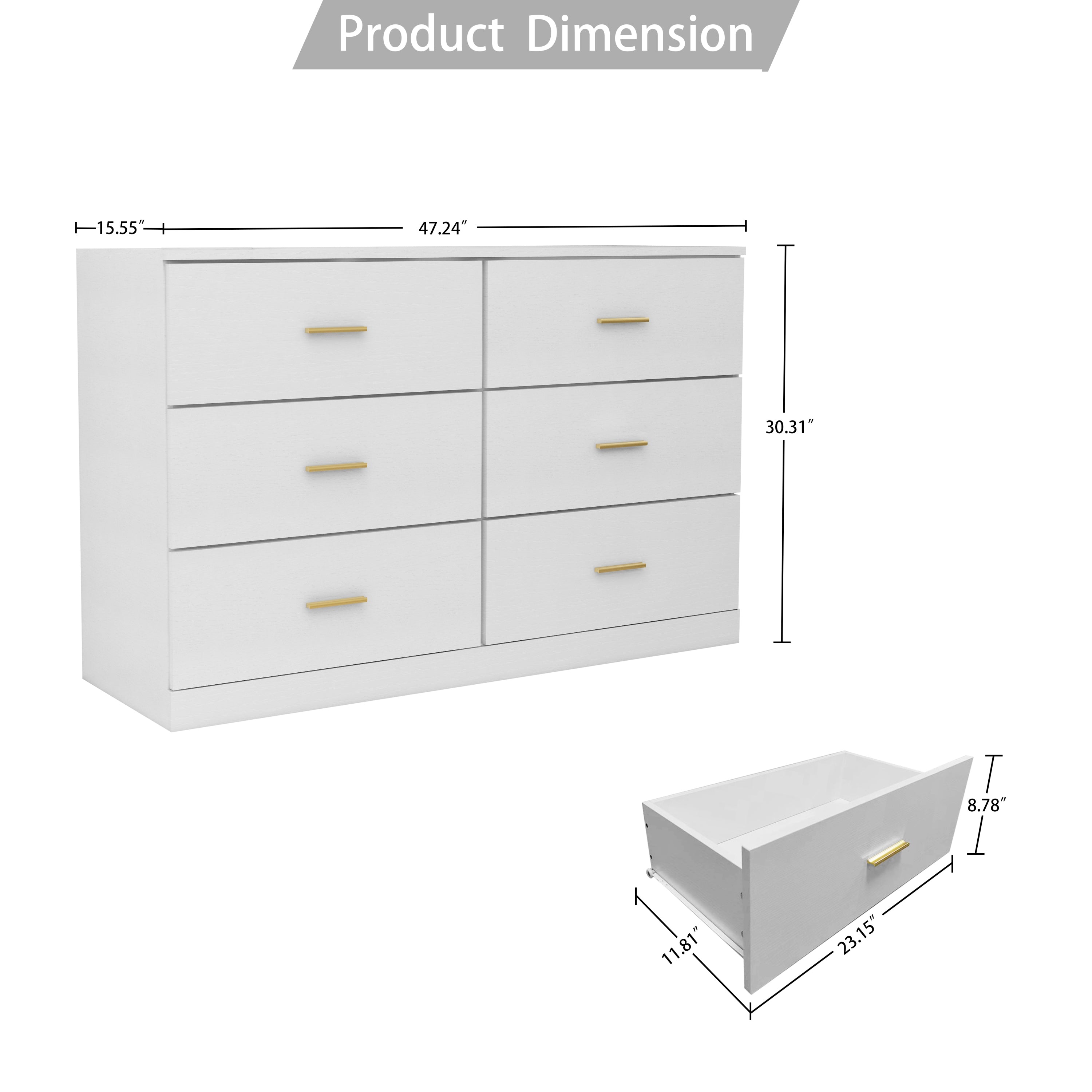 HAOYYE Modern White 6-Drawer Dresser, Wide Storage Chest Of Drawers For Bedroom, Sturdy Space-Saving Heavy Duty Design, Perfect For Adults And Dorm Rooms, Easy Assembly