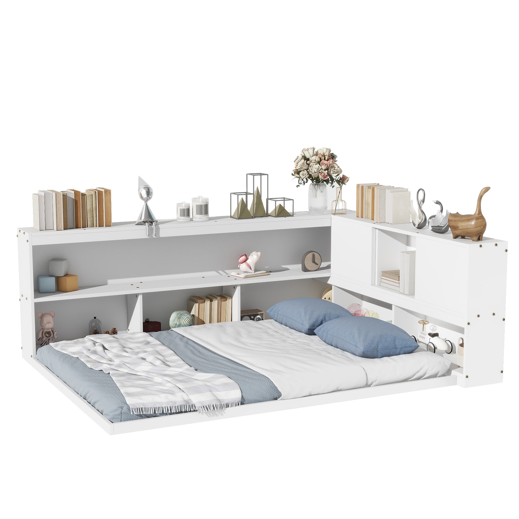 HAOYYE Full Floor Bed with L-shaped Bookcases, sliding doors,without slats,White Sturdy Space-Saving Heavy Duty Modern Design Easy Assembly Durable Stylish Home Furniture Versatile