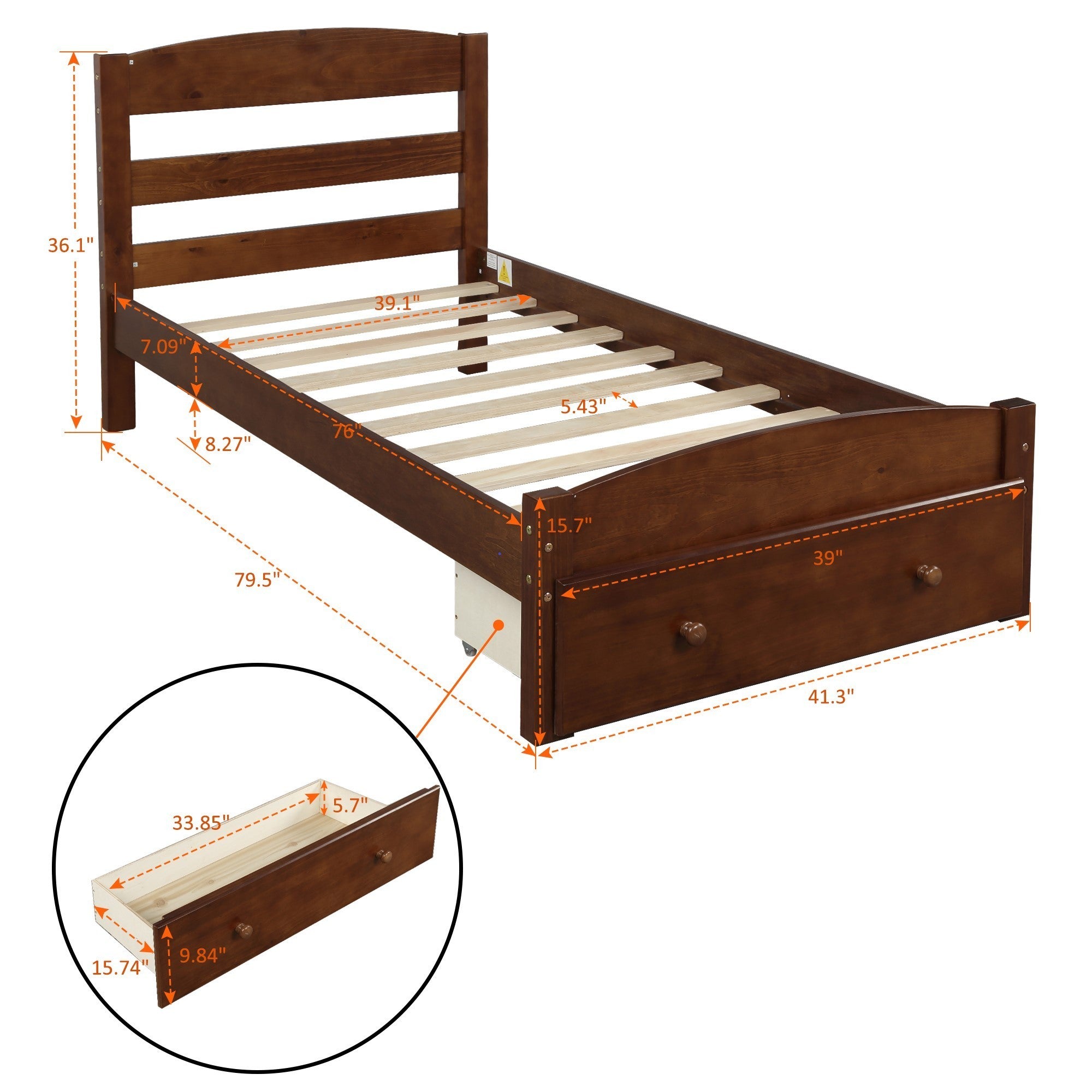 HAOYYE Twin Bed Frame with Storage Drawer and Wood Slat Support, Walnut, Sturdy Space-Saving Design, Heavy Duty Construction, Easy Assembly, Durable and Stylish Home Furniture, Versatile for Bedroom Use