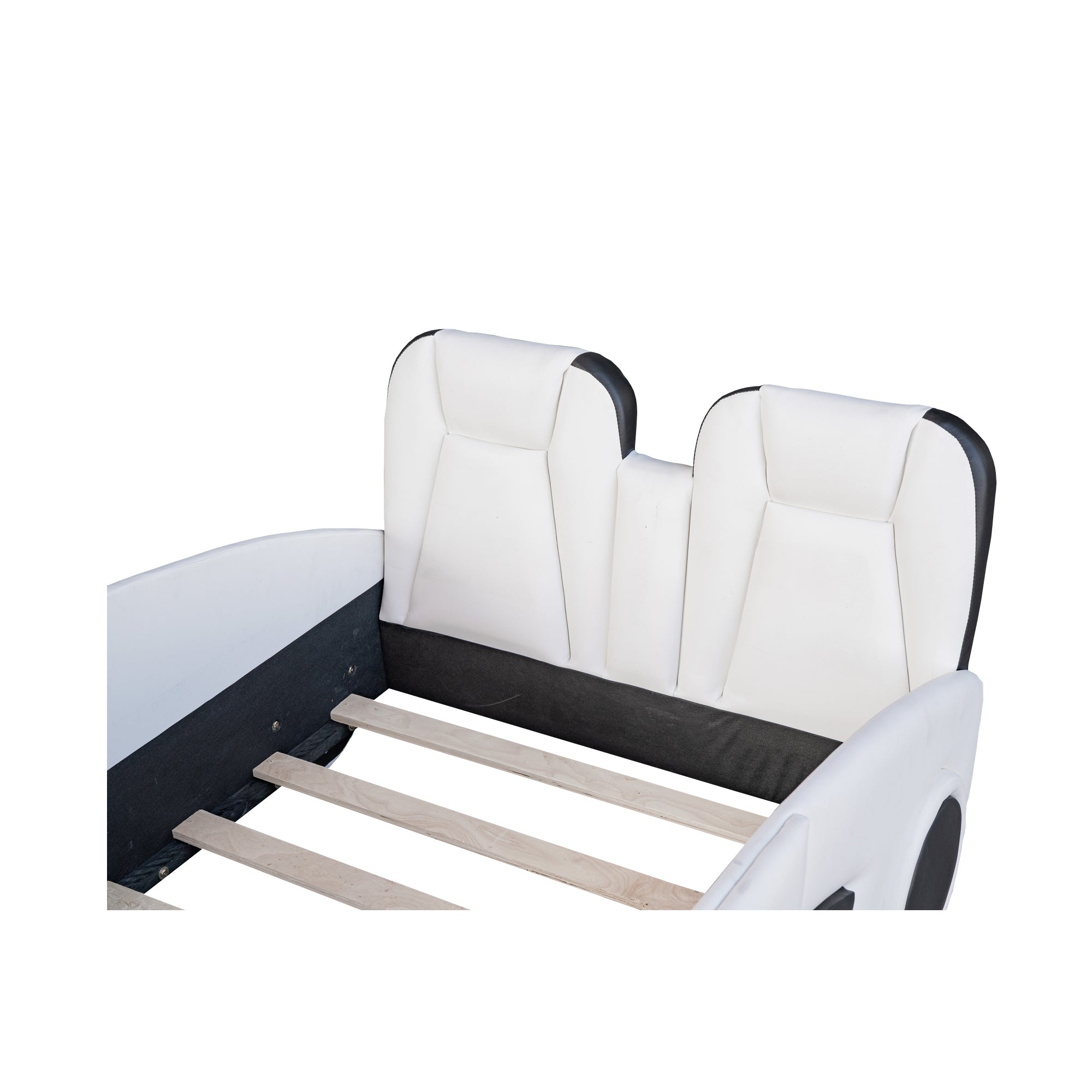 HAOYYE Twin Size Race Car-Shaped Platform Bed with Wheels, White Sturdy Space-Saving Heavy Duty Modern Design Adults Dorm Room Easy Assembly Bedroom Furniture