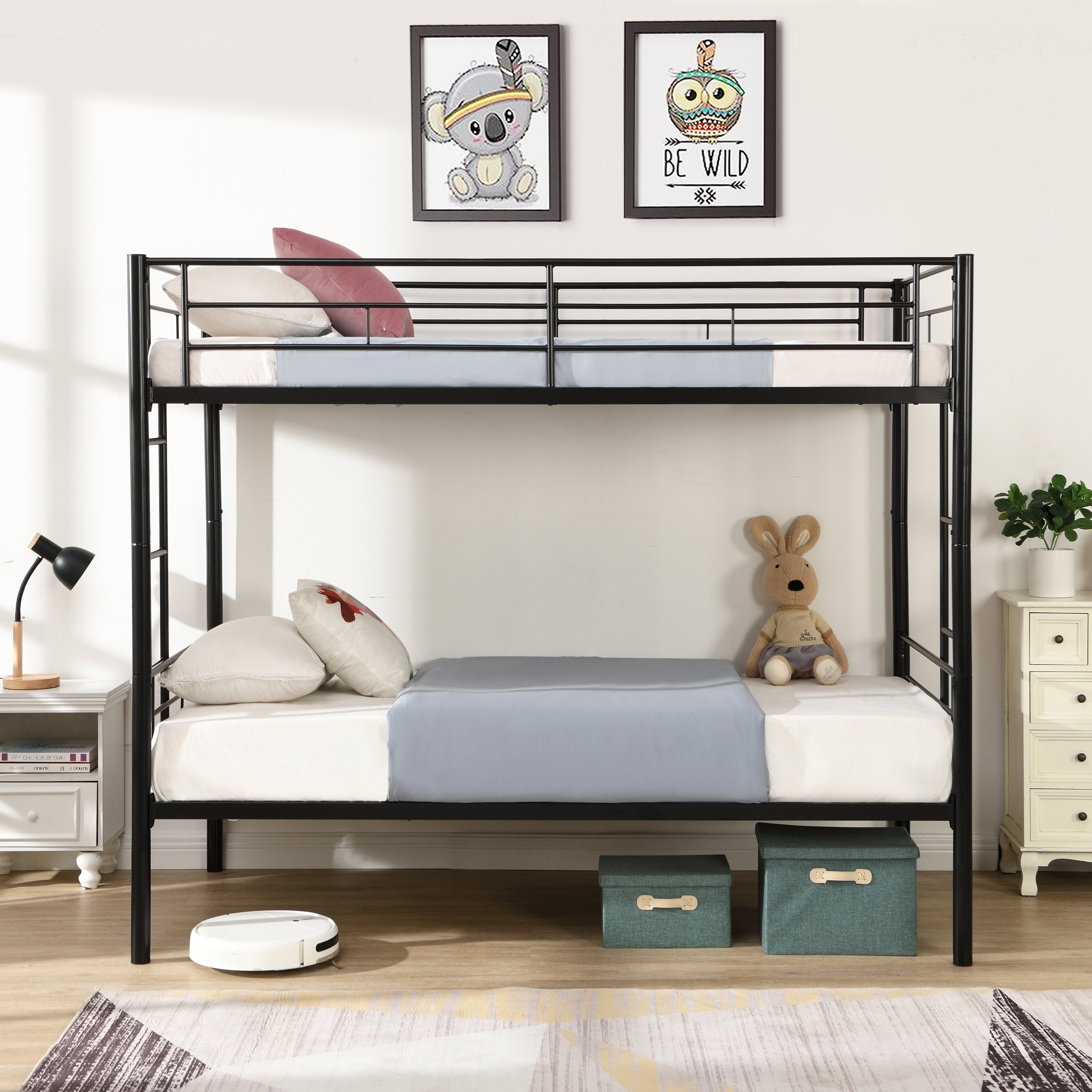 HAOYYE Bunk Bed Twin Over Twin Size with 2 Ladders and Full-Length Guardrail, Metal, Storage Space, No Box Spring Needed, Noise Free, Black Sturdy Space-Saving Heavy Duty Modern Design Easy Assembly Durable