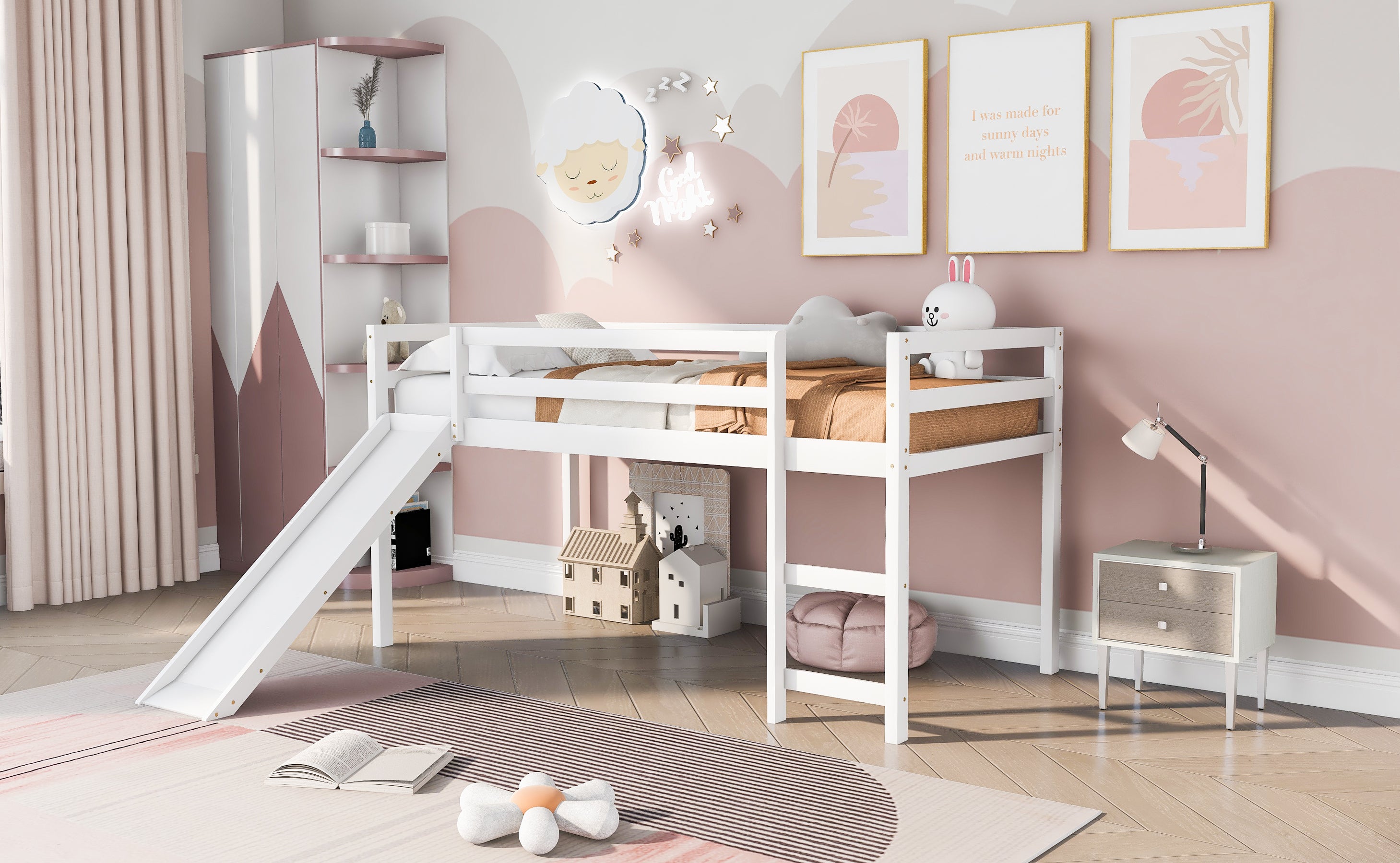 HAOYYE Loft Bed with Slide, Multifunctional Design, Twin (White)(OLD SKU: WF191904AAK) Sturdy Space-Saving Heavy Duty Modern Design Adults Dorm Room Easy Assembly Bedroom Furniture