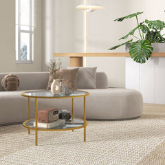 HAOYYE Rattan Coffee Table with Storage Shelf, Round Boho Side Table with Woven Rattan Top and Wood Frame, Small Accent Table for Living Room Bedroom Balcony, Modern Natural Style Indoor End Table for Home and Apartment