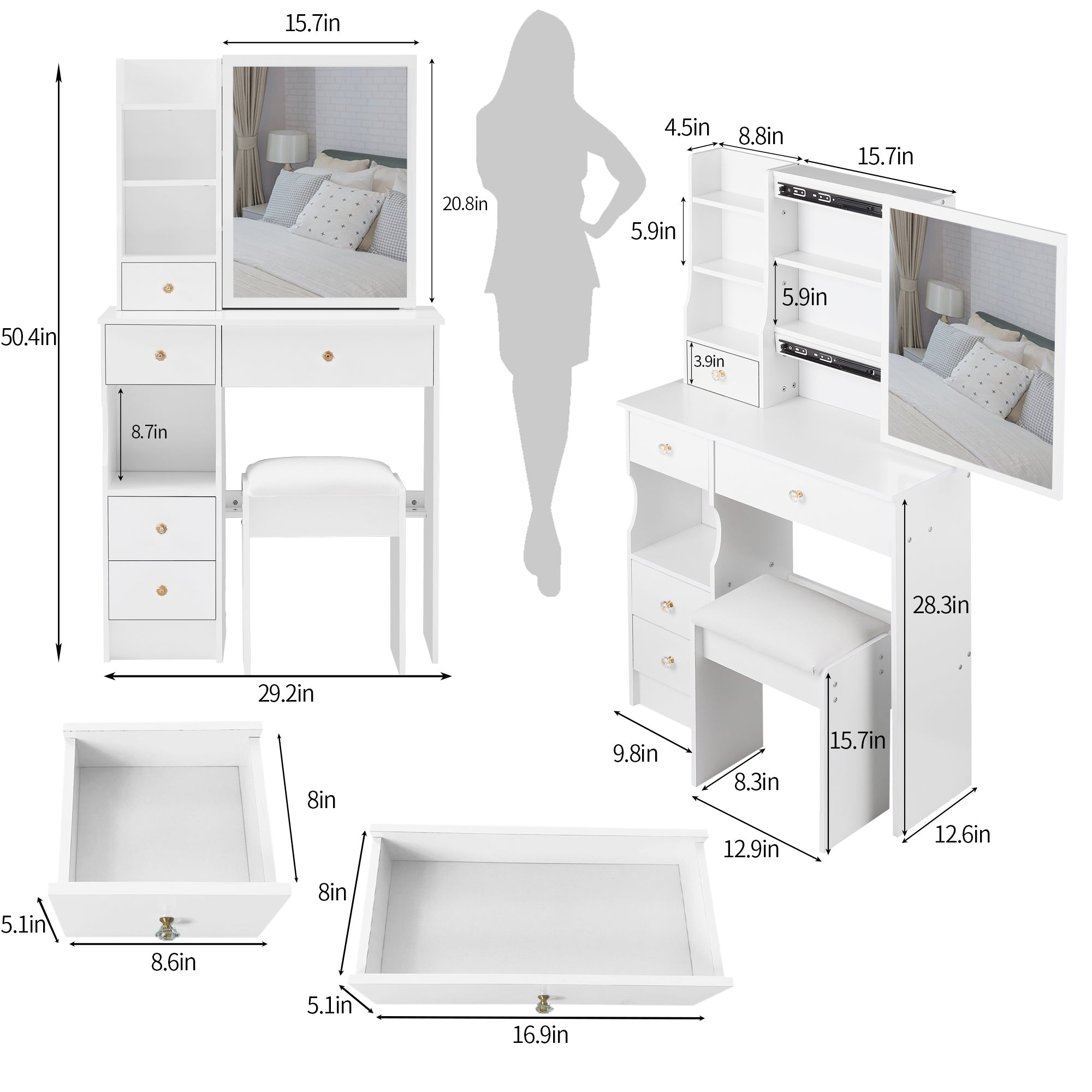 HAOYYE Small Size Left Drawer Desktop Vanity Table + Cushioned Stool, Extra Large Sliding Mirror, Multi Layer, High Capacity Storage Fashionable Dresser, Suitable for Small Space, EPA,GCC,UL Certificate