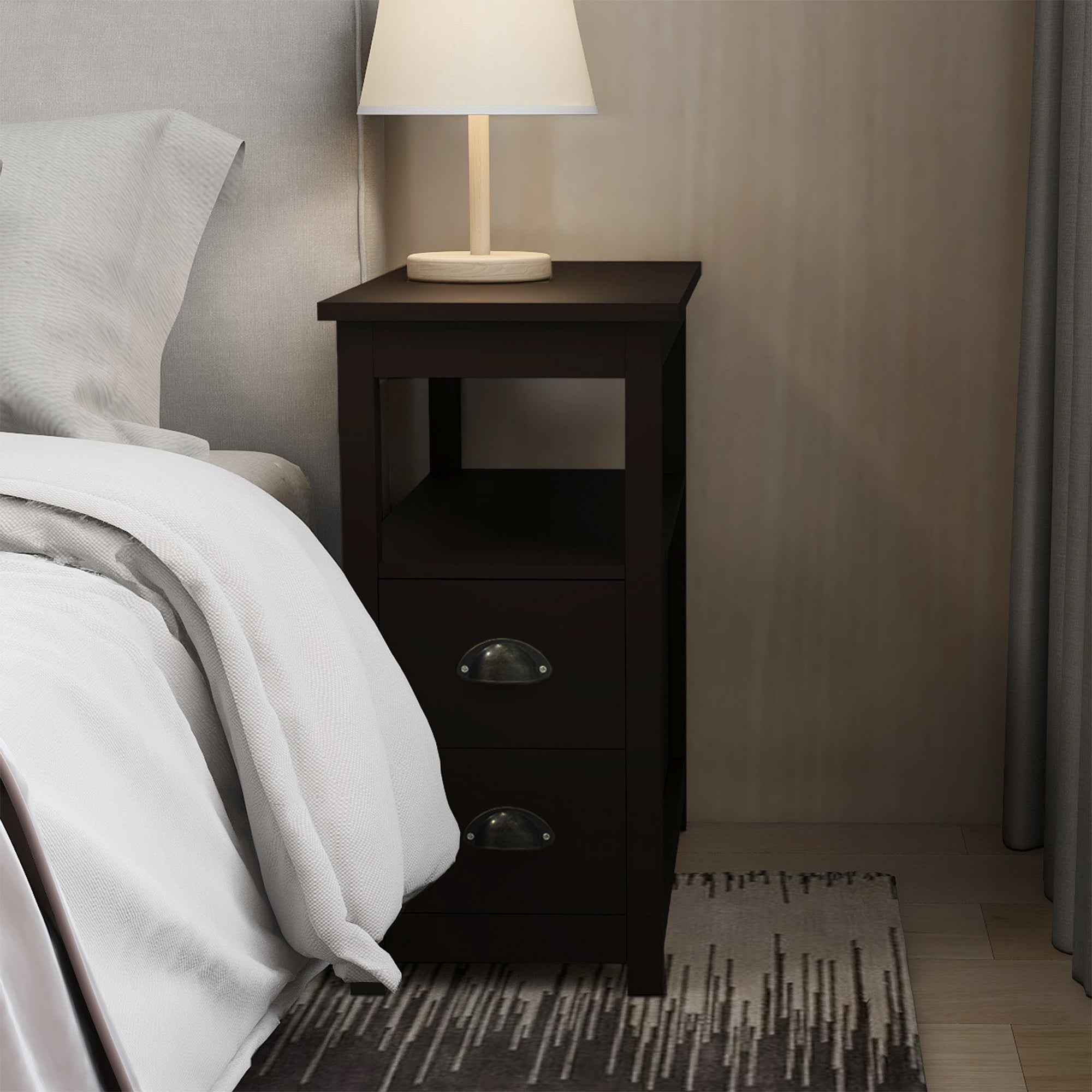HAOYYE Narrow End Table Nightstand with Two Drawers and Open Shelf, Brown, Sturdy Space-Saving Design, Heavy Duty Construction, Easy Assembly, Durable and Stylish Home Furniture, Versatile for Bedroom or Living Room