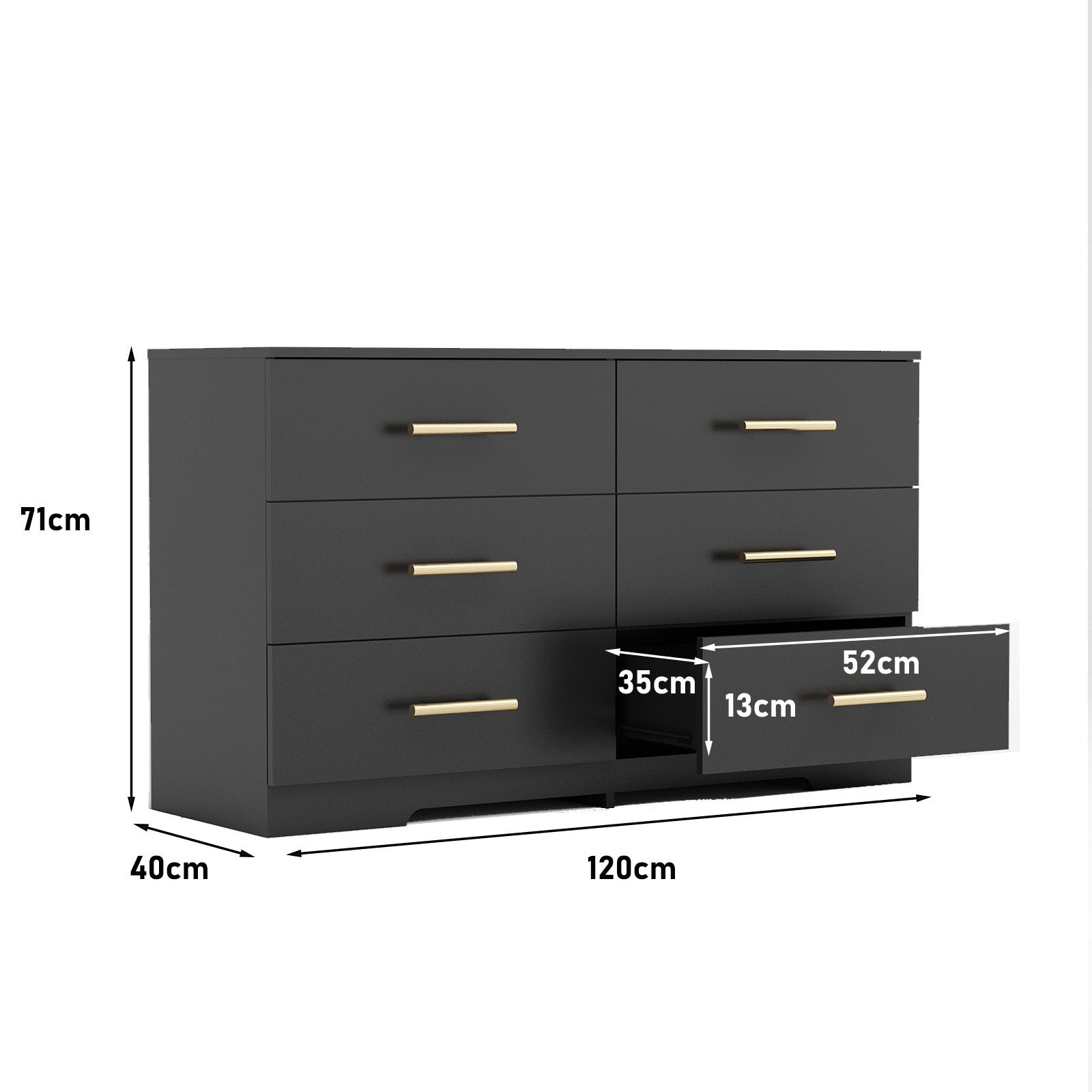 HAOYYE Black 6-Drawer Dresser Chest With Gold Handles, Modern Sturdy Space-Saving Heavy Duty Storage Cabinet For Bedrooms And Dorm Rooms, Easy Assembly