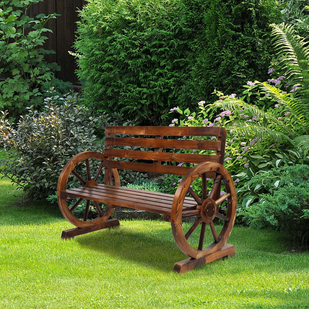 HAOYYE Rustic 2-Person Wooden Wagon Wheel Bench with Slatted Seat and Backrest, Durable Solid Fir Wood Construction, Unique Wagon Wheel Armrests, Comfortable Outdoor Patio and Garden Seating, Brown Finish