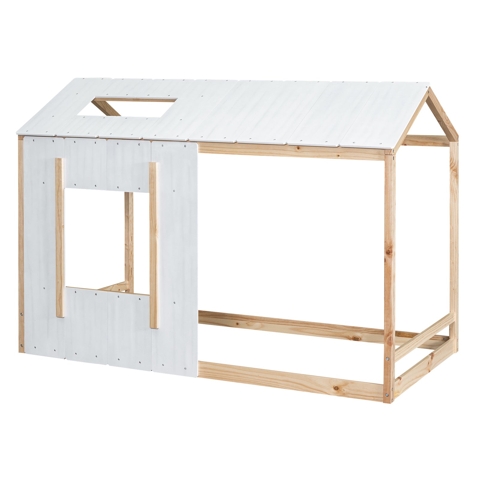 HAOYYE Twin Size House Platform with Roof and Window , White+Natural Sturdy Space-Saving Heavy Duty Modern Design Easy Assembly Durable Stylish Home Furniture Versatile