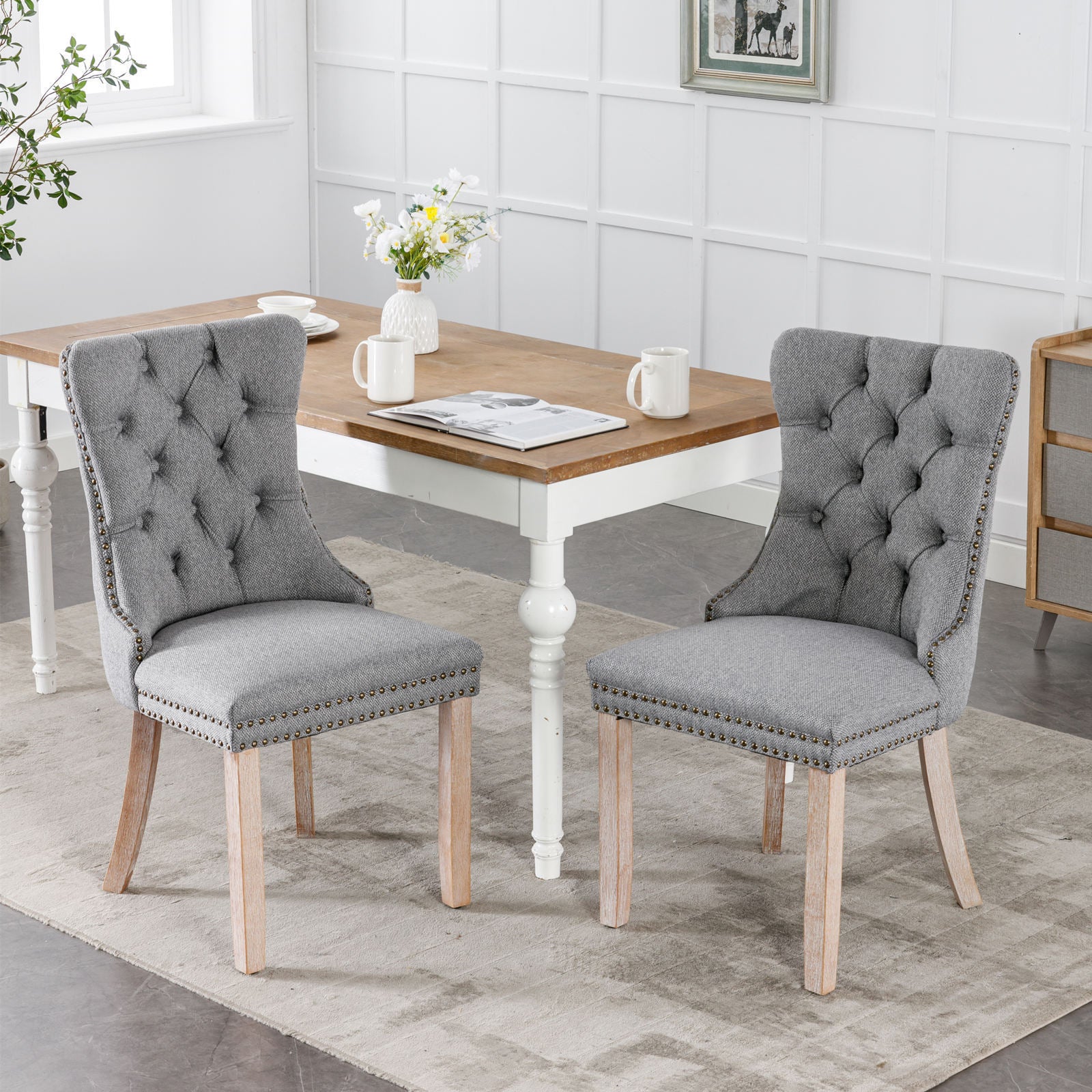 HAOYYE Nikki Collection Modern, High-end Tufted Solid Wood Contemporary Flax Upholstered Linen Dining Chair with Wood Legs Nailhead Trim 2-Pcs Set,Gray, SW6801GY Sturdy Space-Saving Heavy Duty Modern Design