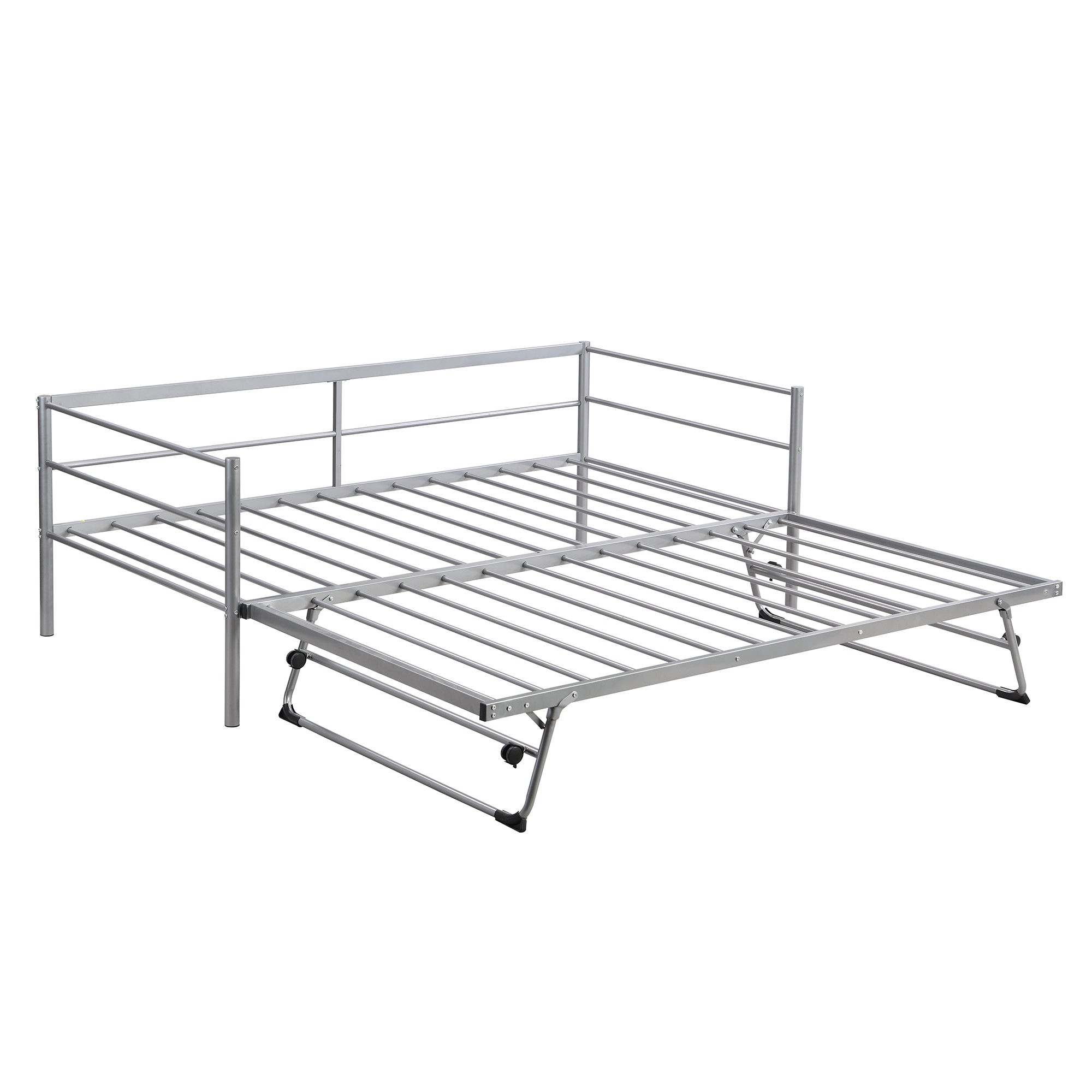 HAOYYE Twin Size Metal Daybed with Adjustable Trundle, Pop Up Trundle, Silver Sturdy Space-Saving Heavy Duty Modern Design Adults Dorm Room Easy Assembly Bedroom Furniture