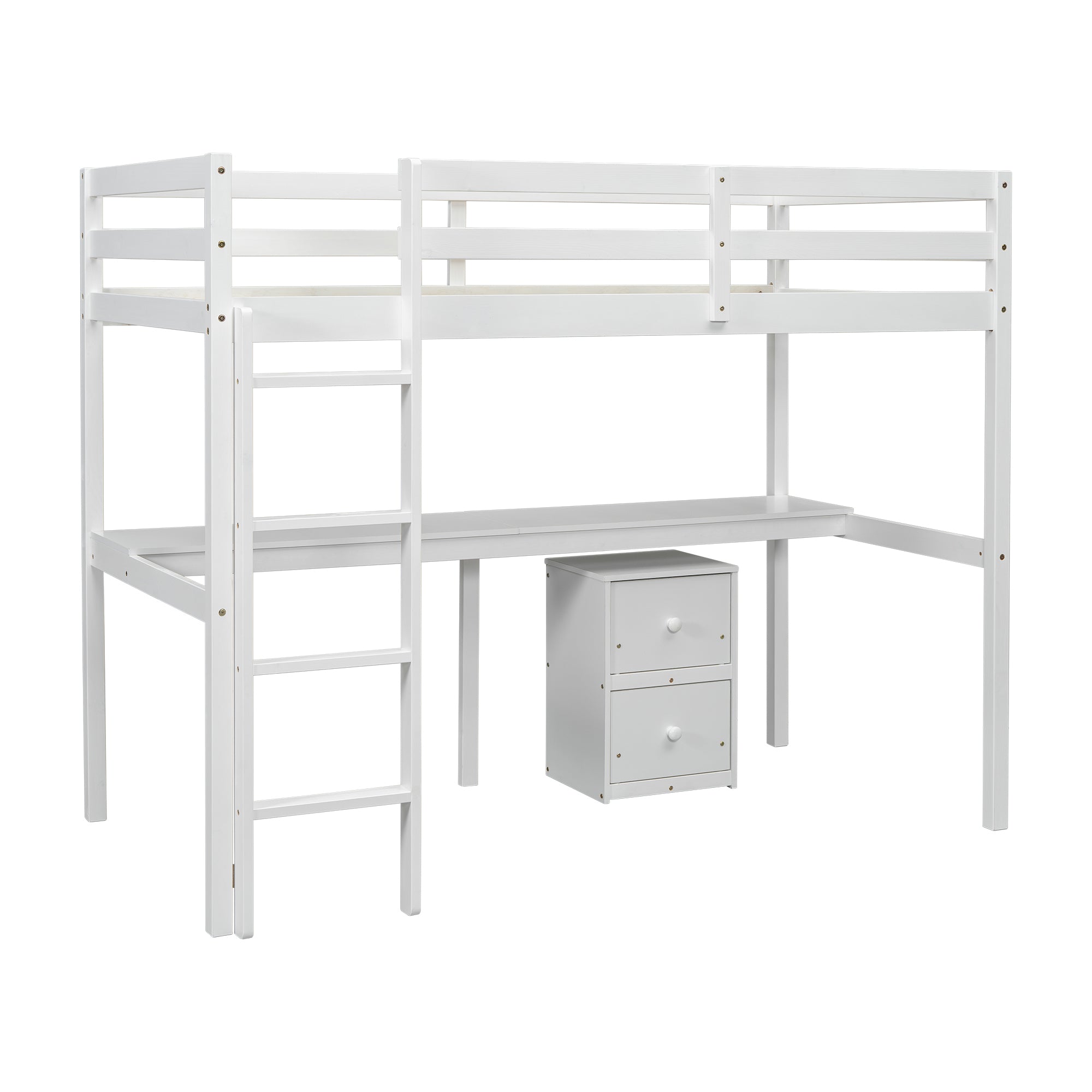HAOYYE Twin Loft Wood Bed with Under-Bed Built-In Desk and Two-Drawer Storage Cabinet, Guardrails, and Ladder, White Sturdy Space-Saving Design, Heavy Duty Construction, Easy Assembly, Durable Stylish Home Furniture