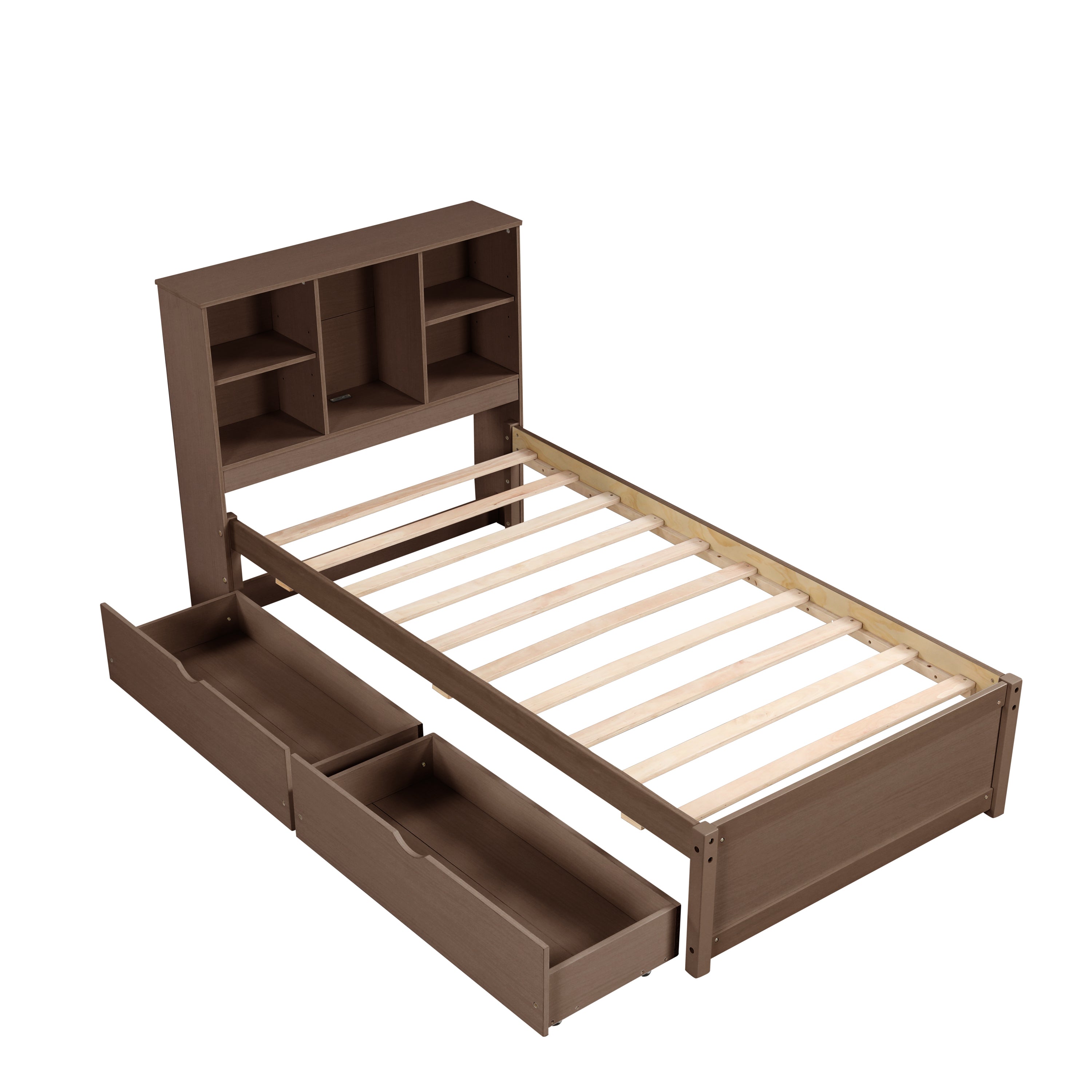 HAOYYE Twin Bed Frame with USB Port, Bookcase Headboard and Storage Drawers, Walnut Finish, Sturdy Space-Saving Design, Heavy Duty, Easy Assembly, Ideal for Bedroom and Dorm Room