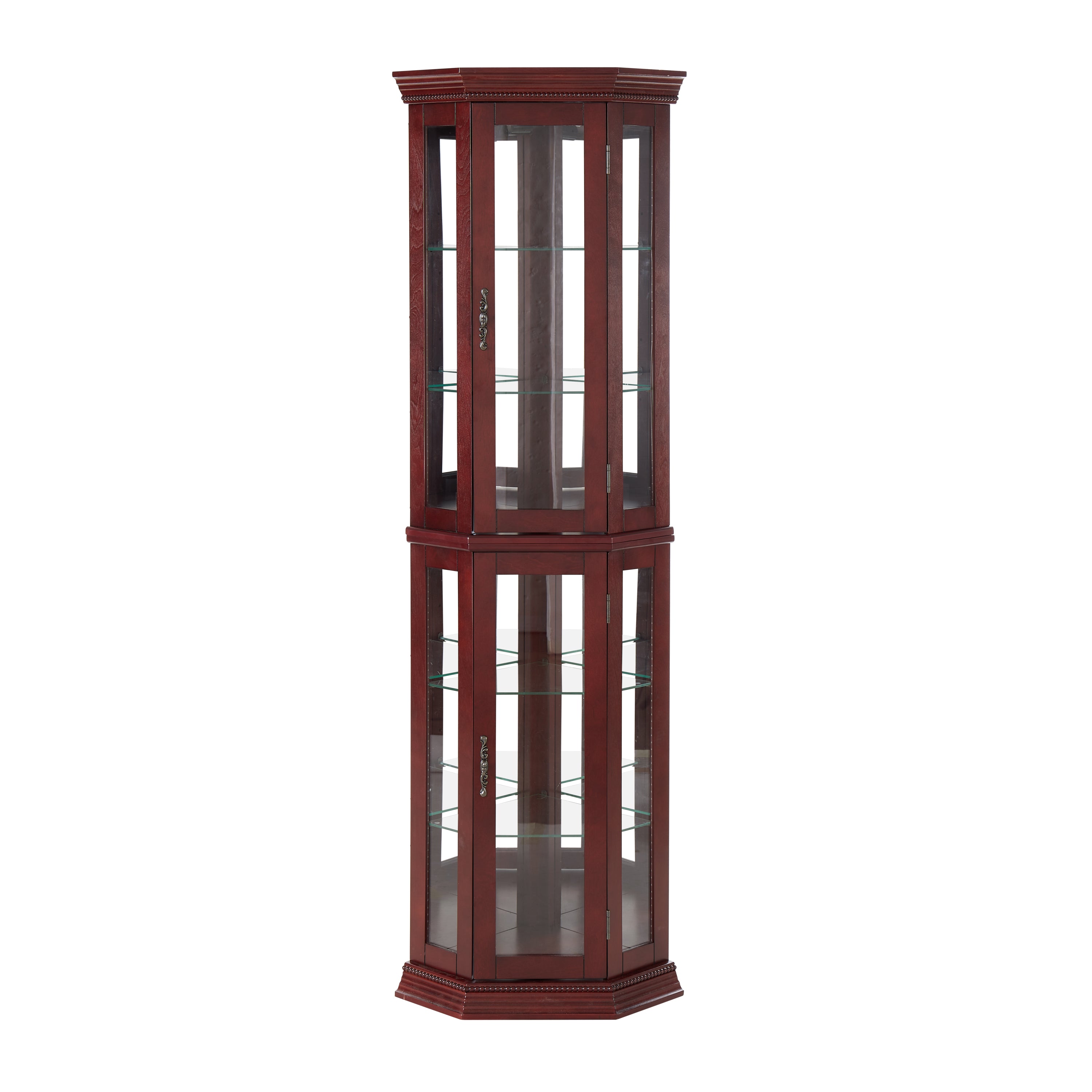 HAOYYE Corner Curio Cabinet with Built-In Lights, Adjustable Tempered Glass Shelves, Mirrored Back Panel, Modern Display Cabinet, Cherry Finish, Sturdy and Space-Saving Design, Ideal for Living Room or Dining Room