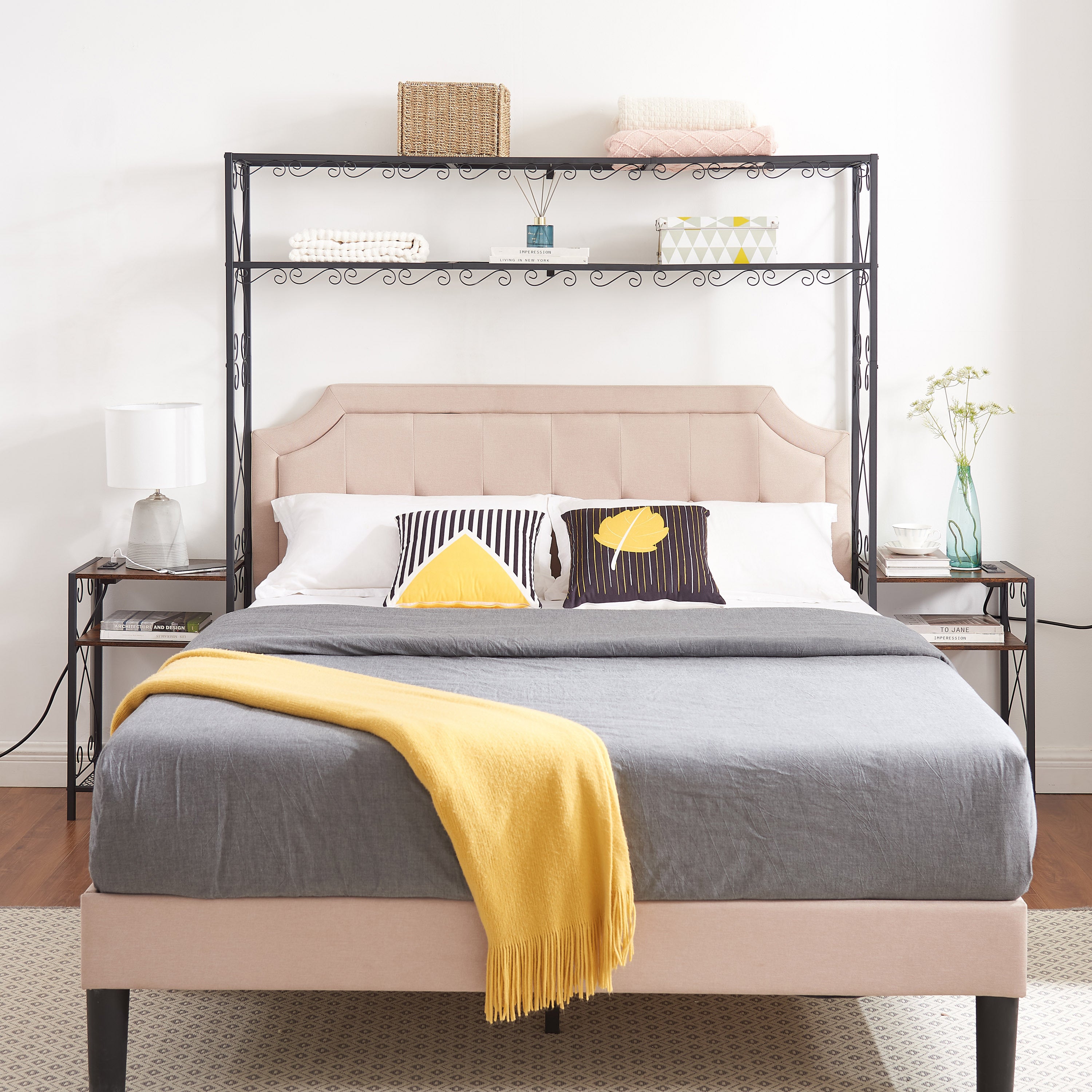 HAOYYE Queen Bed Frame with 2 Nightstands Headboards with Storage Cabinet, Headboard with Shelves, Bookcase Headboard Queen Easy Assembly for Bedroom Iron and Wood Rustic Brown Sturdy Space-Saving Heavy Duty