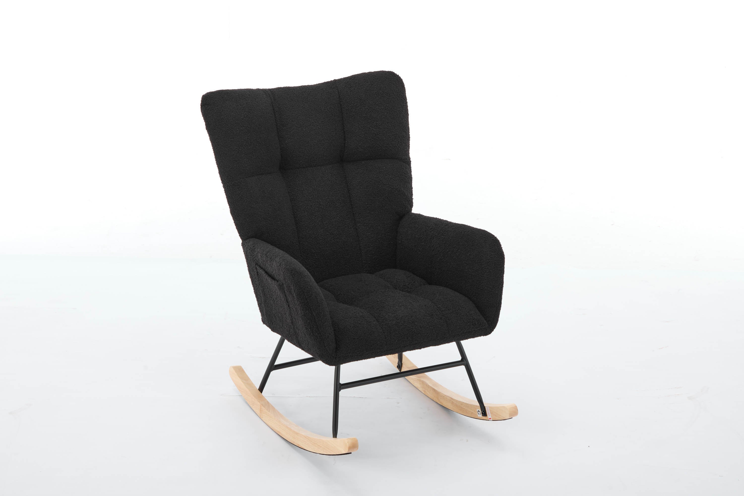 Haoyye Black Modern Nursery Rocking Chair with High Backrest, Soft Teddy Upholstered Glider Accent Armchair with Solid Wood Legs, Gentle Rocker for Bedroom, Living Room, or Nursery, Sturdy and Space-Saving Design for Adults