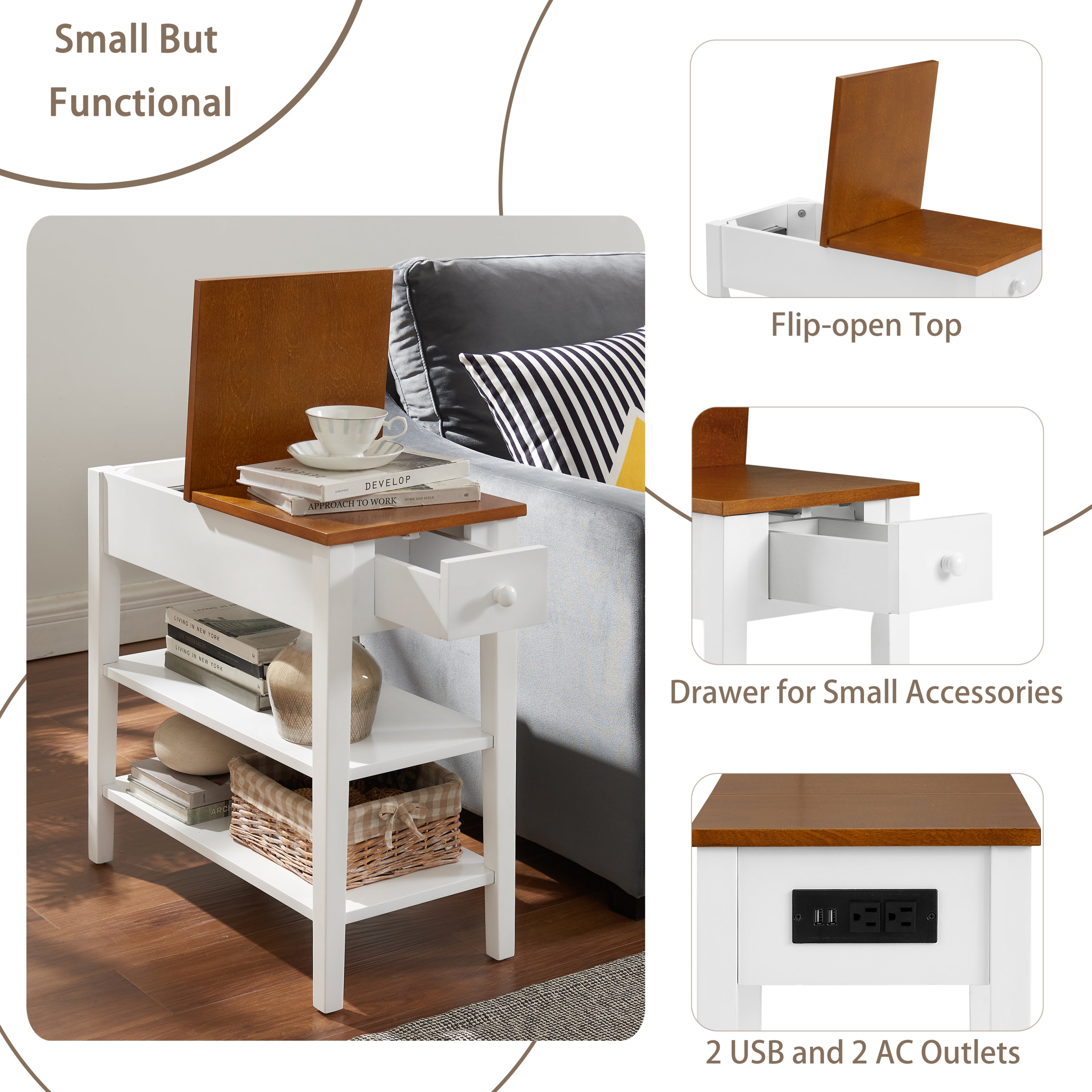 HAOYYE Narrow 2-tone End Table with USB Charging Ports for Small Space, SOLID WOOD Table Legs, White and Walnut, 11.8"W*24"D*24.2"H Sturdy Space-Saving Heavy Duty Modern Design Adults Dorm Room