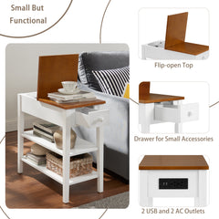 HAOYYE Narrow 2-tone End Table with USB Charging Ports for Small Space, SOLID WOOD Table Legs, White and Walnut, 11.8"W*24"D*24.2"H Sturdy Space-Saving Heavy Duty Modern Design Adults Dorm Room