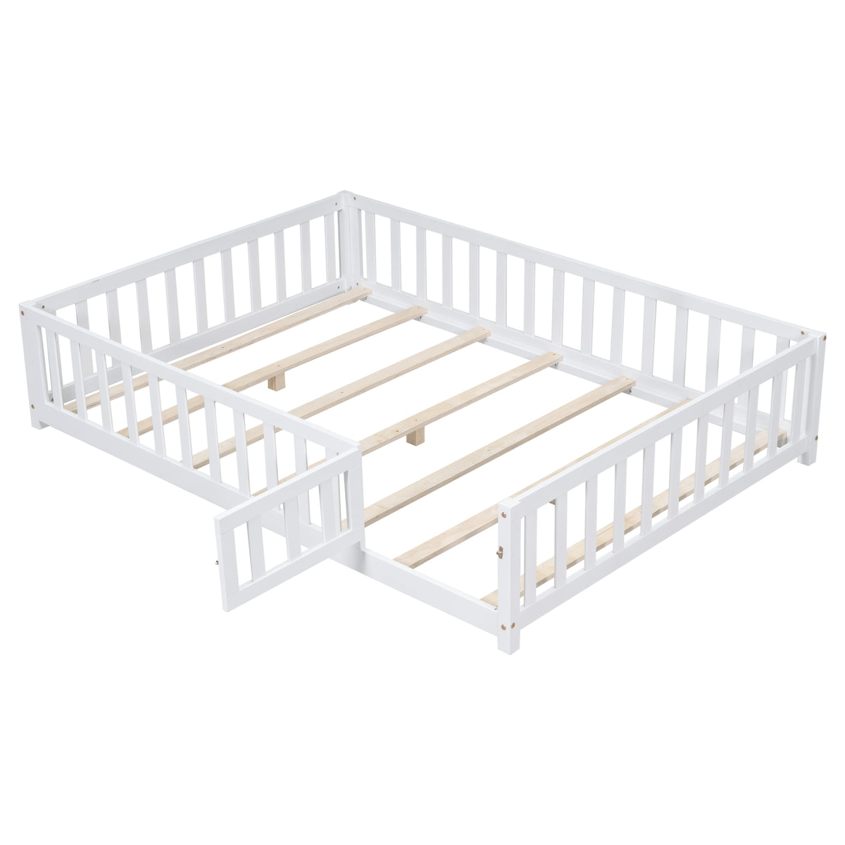 HAOYYE Full Size Floor Platform Bed with Fence and Door for , Montessori Floor Bed Frame with Support Slats for Toddlers, Wooden Floor Bed White Sturdy Space-Saving Heavy Duty Modern Design Adults
