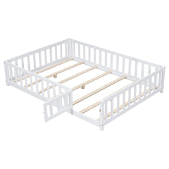 HAOYYE Full Size Floor Platform Bed with Fence and Door for , Montessori Floor Bed Frame with Support Slats for Toddlers, Wooden Floor Bed White Sturdy Space-Saving Heavy Duty Modern Design Adults