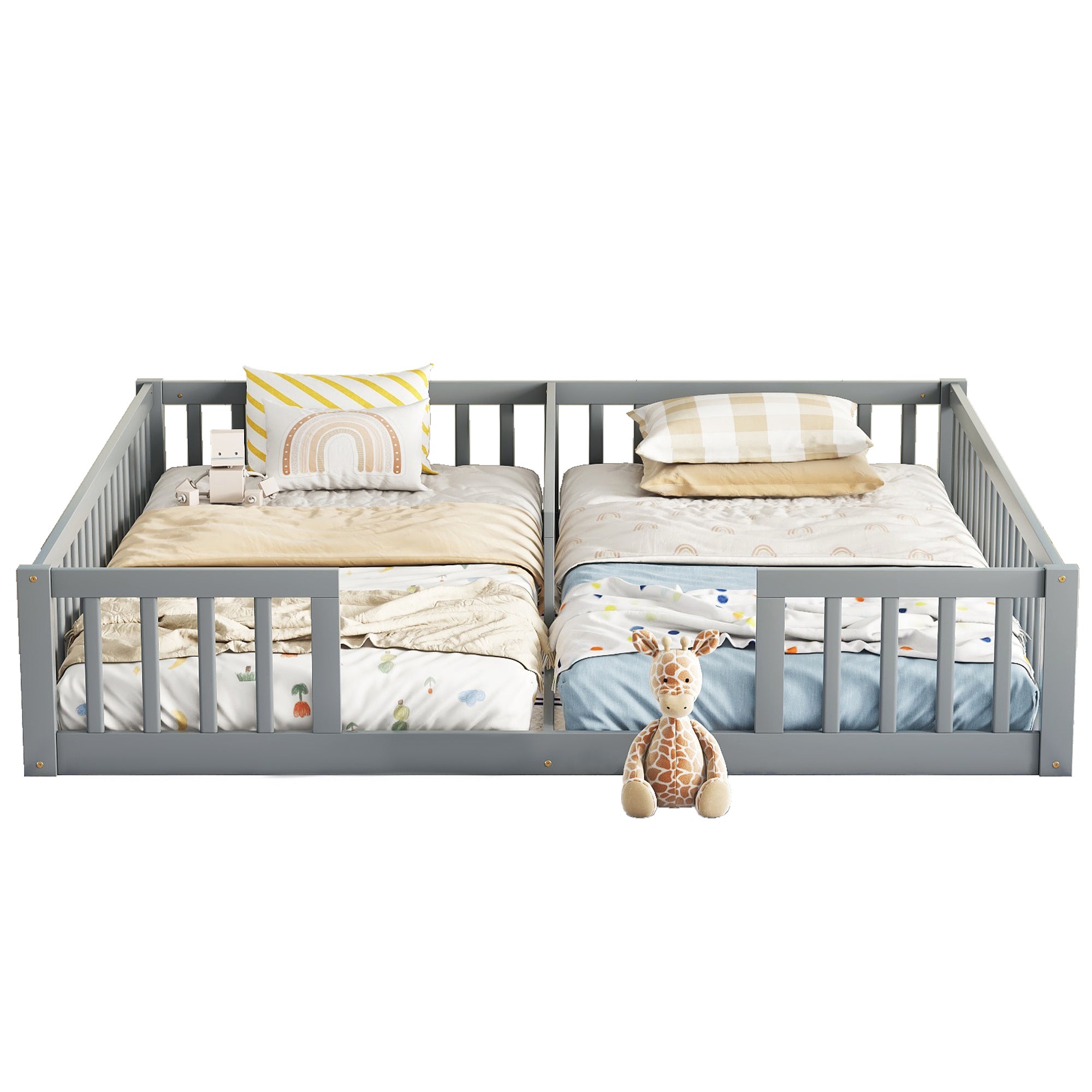HAOYYE Double Twin Floor Bed with Fence, Guardrails, without door, Grey Sturdy Space-Saving Heavy Duty Modern Design Easy Assembly Durable Stylish Home Furniture Versatile