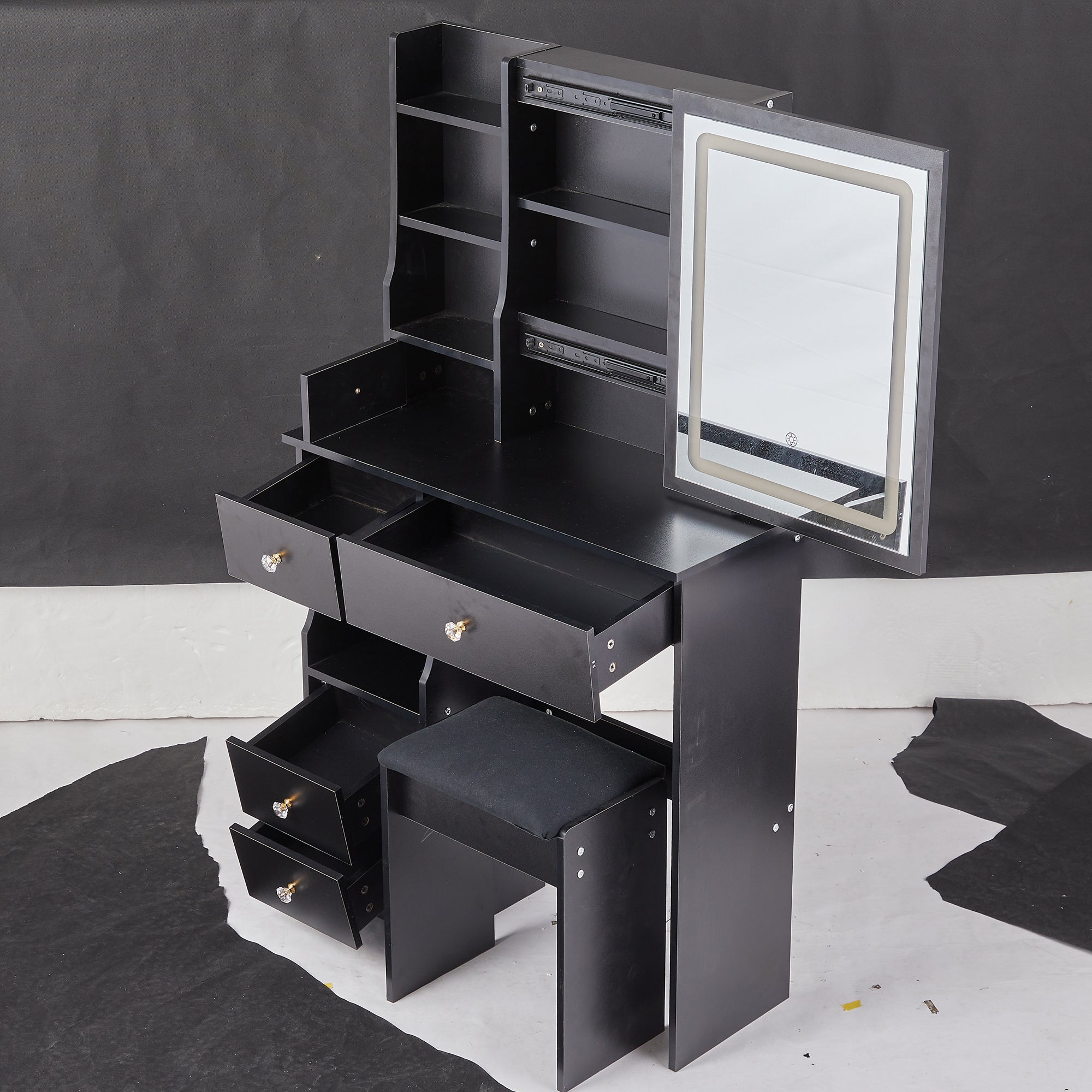 HAOYYE Compact Vanity Desk with Left Drawer, Cushioned Stool, Sliding Touch LED Mirror, Tri-Color Lighting, Adjustable Brightness, Multi-Layer Storage, EPA GCC UL Certified for Small Spaces