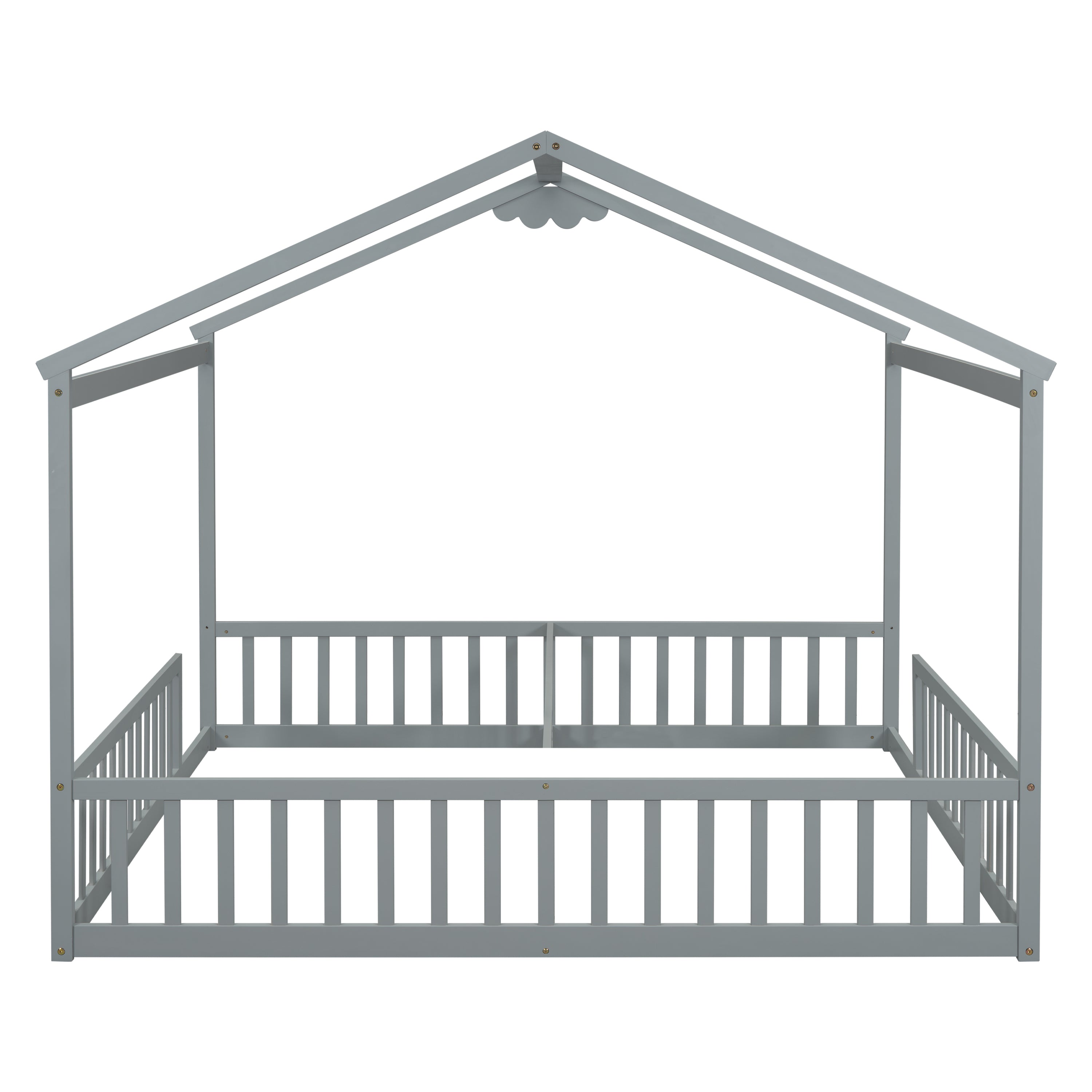 HAOYYE Double Twin House-Style Floor Bed with Fence, Guardrails, without door, Grey Sturdy Space-Saving Heavy Duty Modern Design Adults Dorm Room Easy Assembly Bedroom Furniture