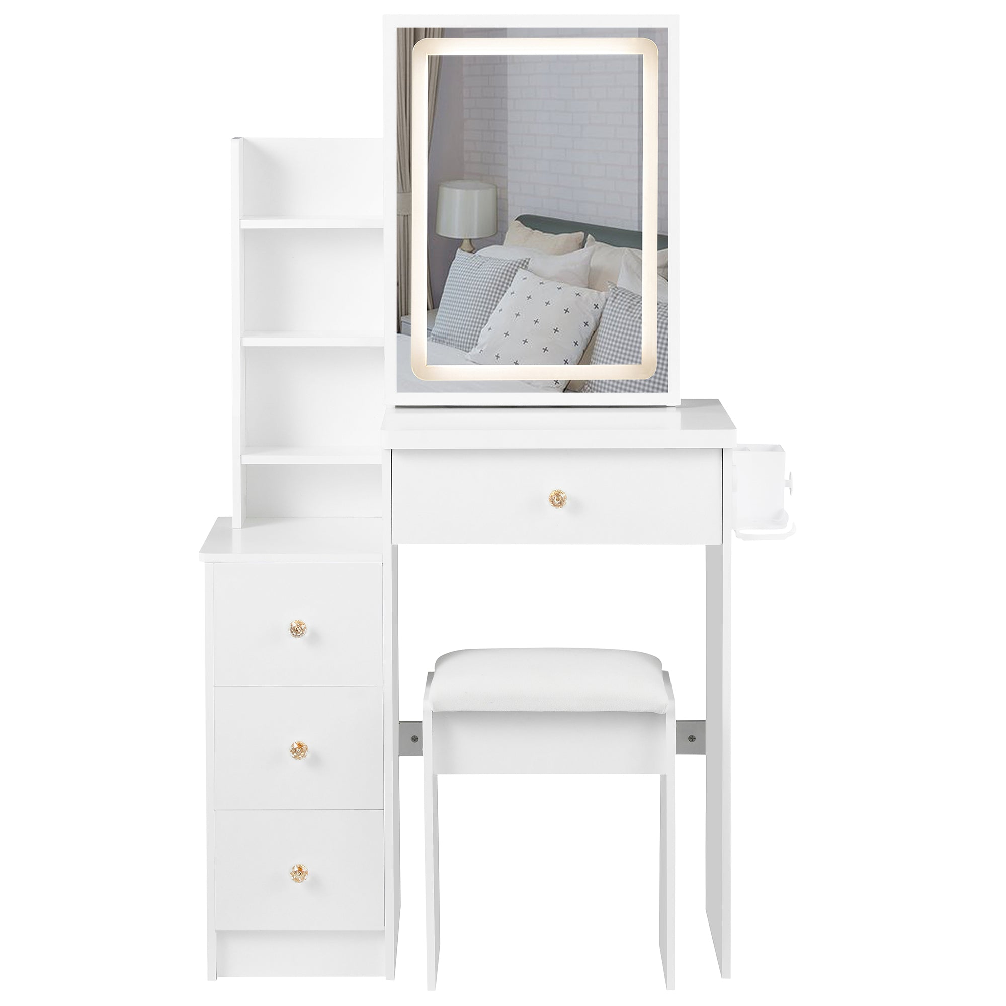 HAOYYE Small Size Left Bedside Cabinet Vanity Table + Cushioned Stool, 2 AC+2 USB Power Station, Hair dryer bracket, Extra Large Touch Control Sliding LED Mirror, Tri-color Switching, EPA,GCC,UL Certificate