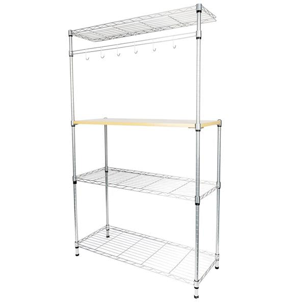 HAOYYE Four-Tier Baker’s Rack, Microwave Oven Stand, Powder-Coated Silver Steel, Includes MDF Cutting Board & 6 Wave Rods, Sturdy Durable Organizer, Modern Storage Solution, Stylish Kitchen Shelving For Countertop Decluttering & Efficient Meal Prep