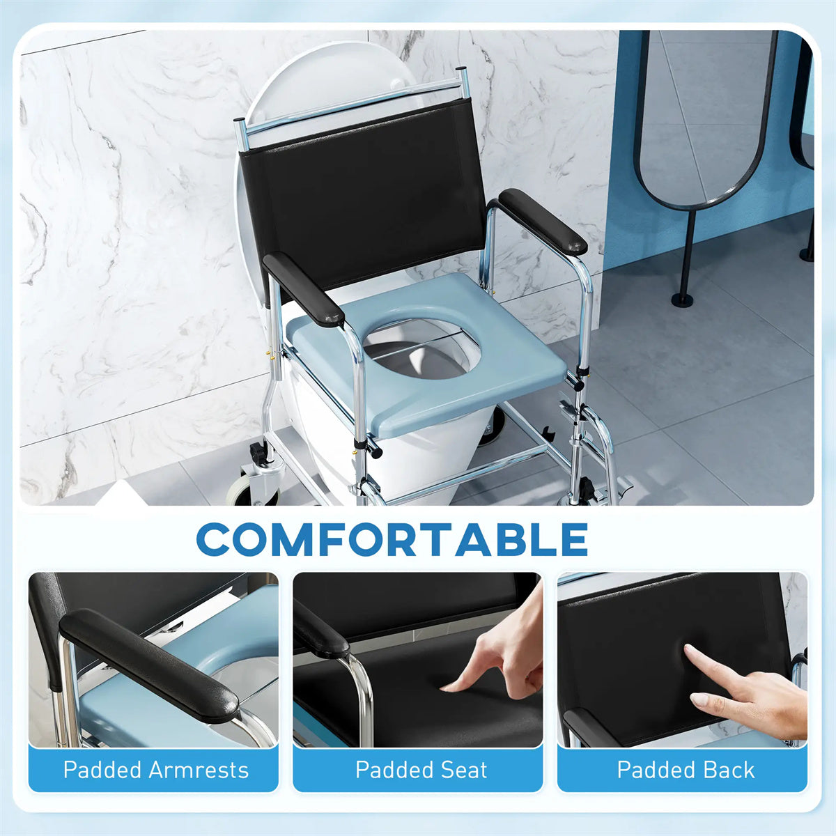 HAOYYE New Mobile Shower Chair And Toilet Wheelchair With Adjustable Height, Lightweight Portable Commode Chair With Padded Seat And Backrest, Waterproof Castor Wheels For Easy Mobility And Safety