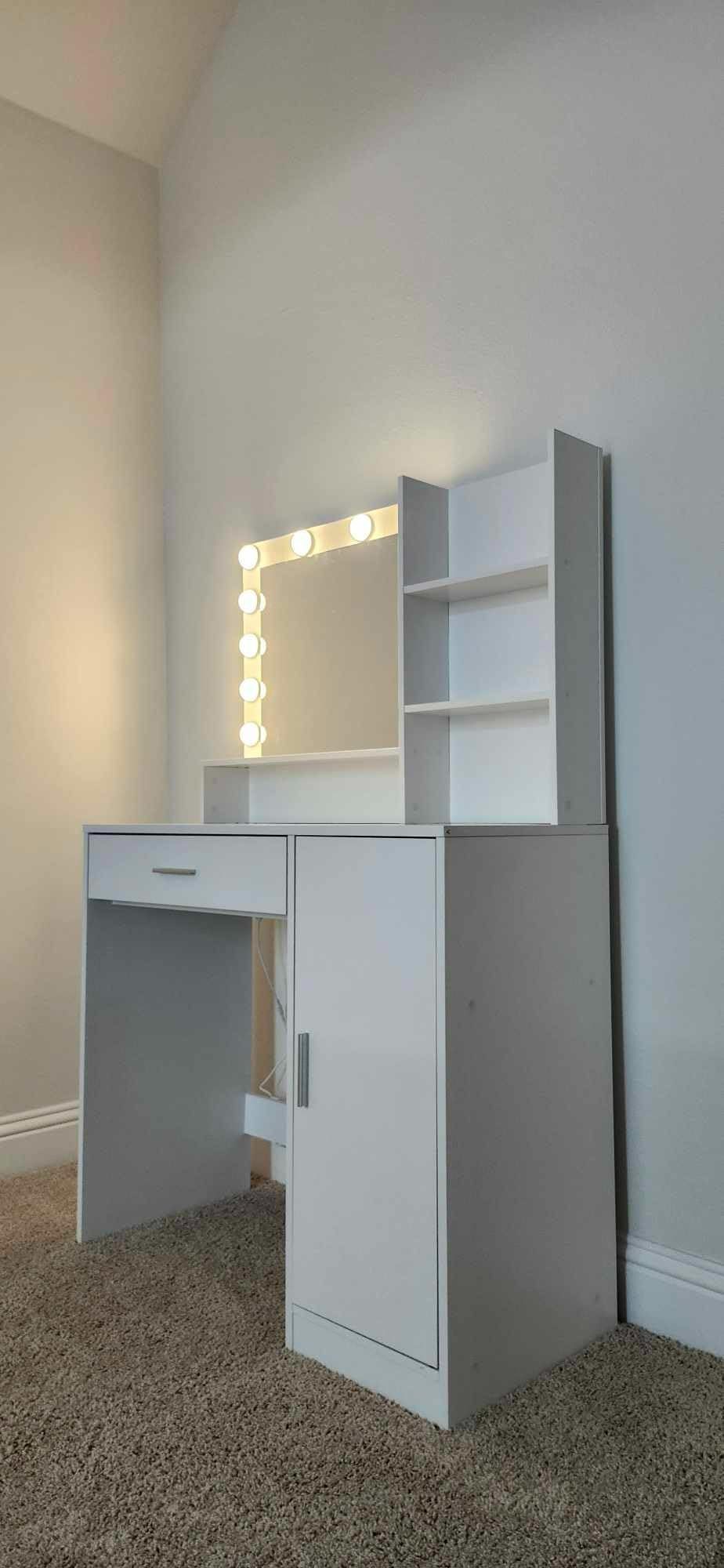HAOYYE Vanity Desk with Mirror and Light, Three-Level Storage Dresser, Large Drawer, Adjustable Brightness with Three Lighting Modes, White, Sturdy Space-Saving Design, Heavy Duty Construction, Modern and Stylish Home Furniture