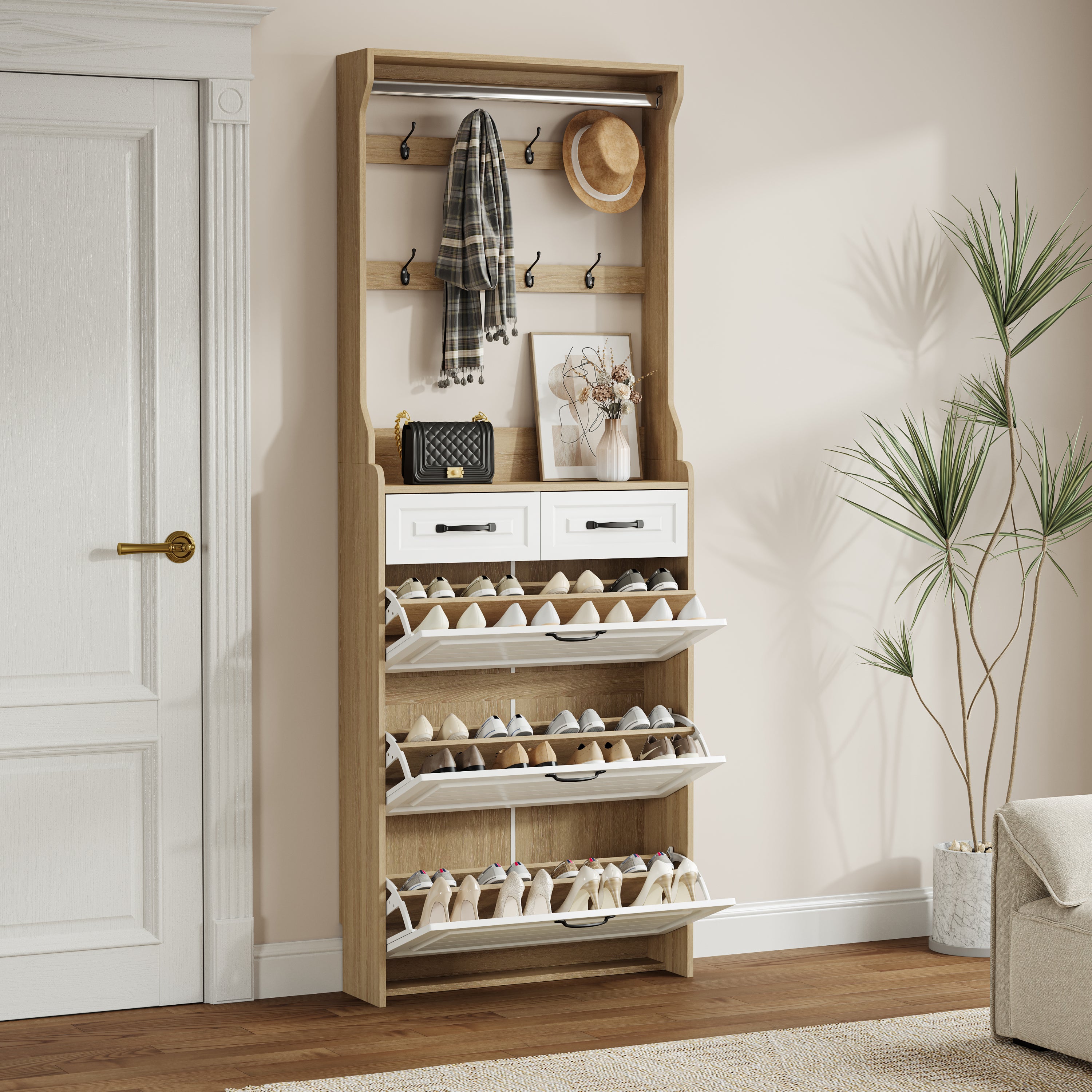 HAOYYE Oak Shoe Cabinet With 3 Doors And 2 Drawers, Large Storage Capacity With Hanger, Modern Sturdy Space-Saving Design For Bedrooms, Dorm Rooms, And Entryways, Heavy Duty And Easy To Assemble
