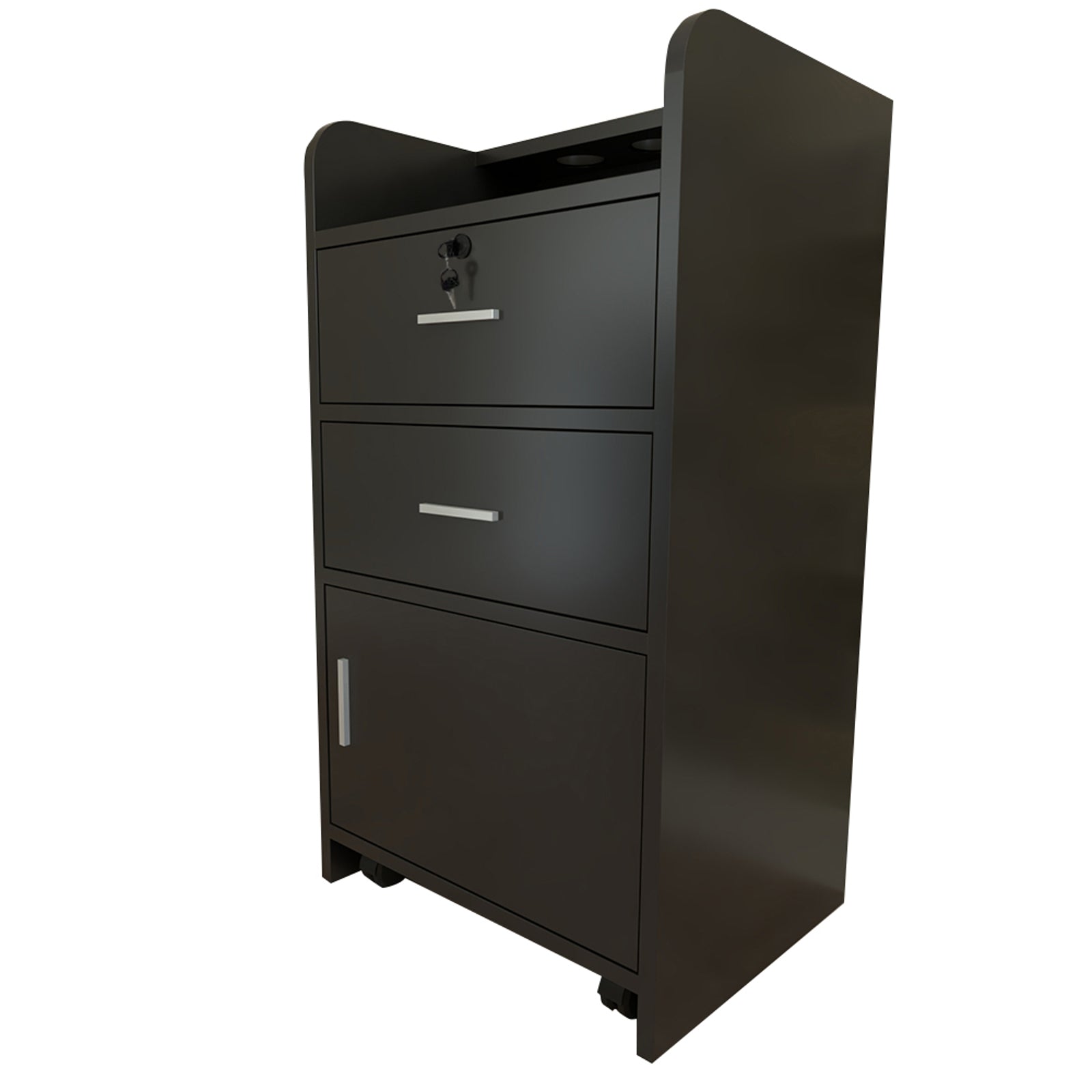 HAOYYE Black Beauty Salon Side Table with 2 Pump Bottles Storage, Mobile Utility Cart with Wheels and Drawer, Compact Rolling Station for Hairdressing, Tattoo, Spa, or Massage Room