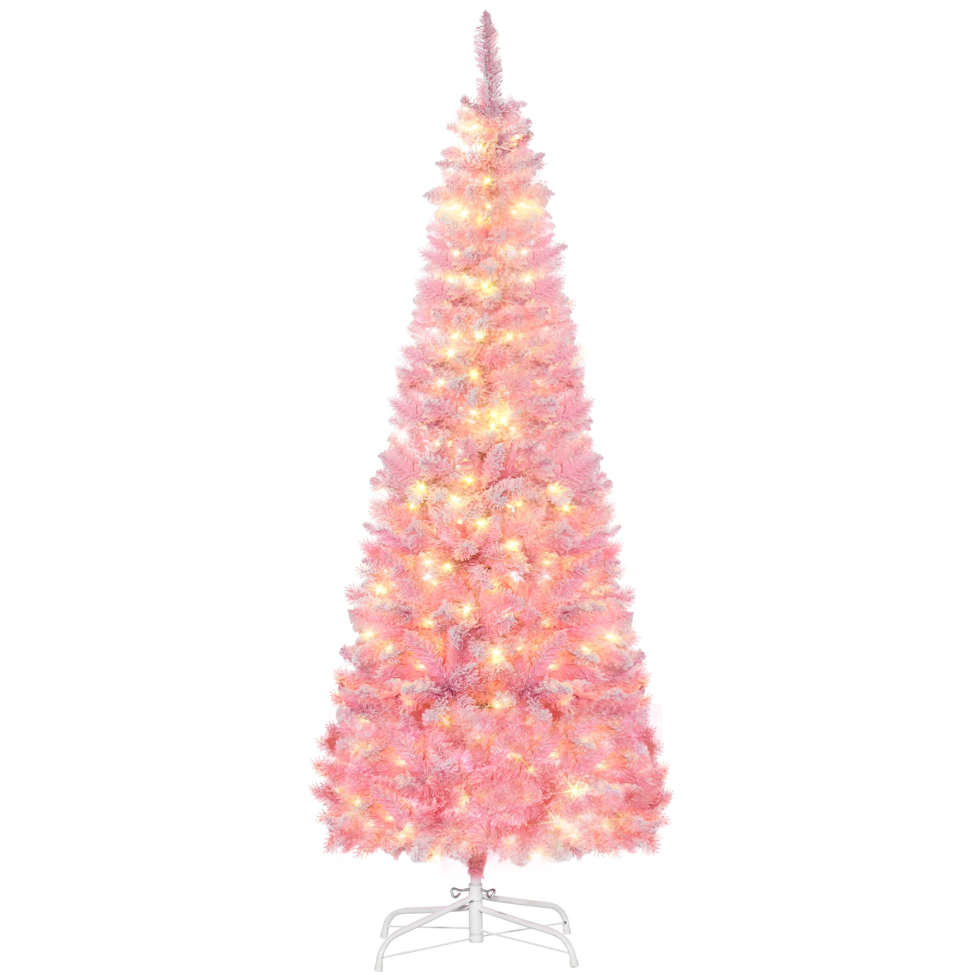 HAOYYE 6ft Prelit Snow Flocked Artificial Christmas Tree with Pencil Shape, Pine Realistic Branches, Warm White LED lights, Auto Open, Pink and White Sturdy Space-Saving Heavy Duty Modern Design
