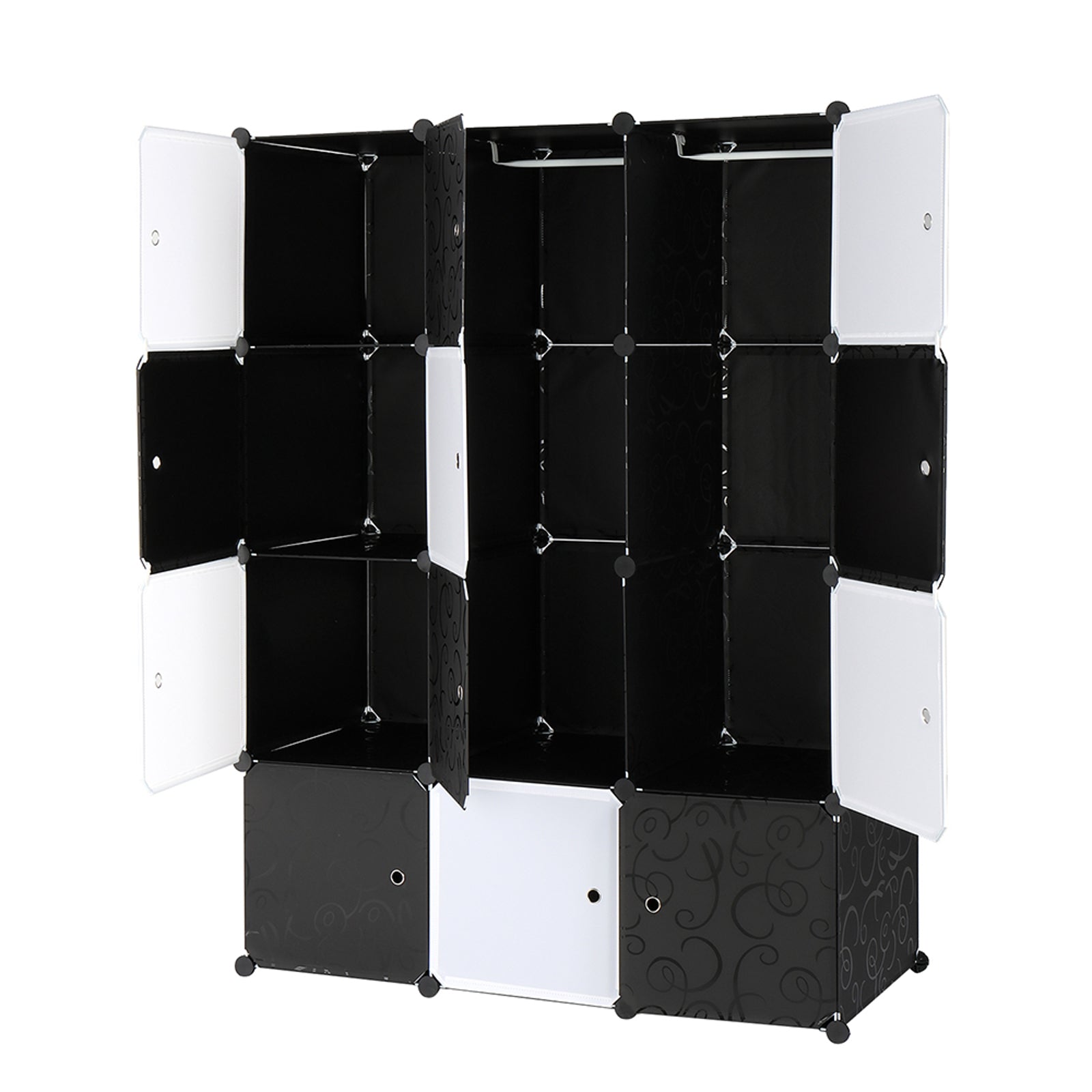 DE Direct HAOYYE 12 Cube Organizer Stackable Plastic Storage Shelves Modular Closet Cabinet with Hanging Rod Multifunctional Stackable Design for Bedroom Entryway Living Room Black and White