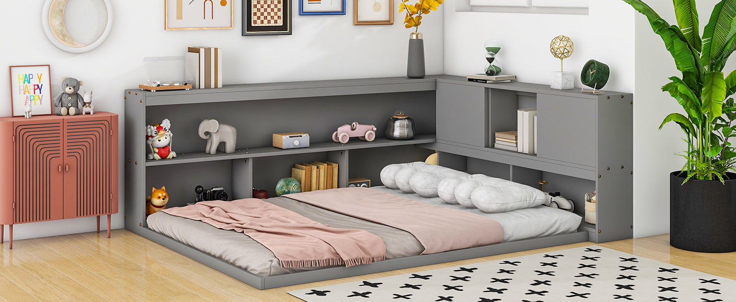HAOYYE Full Floor Bed with L-shaped Bookcases, sliding doors,without slats,Grey Sturdy Space-Saving Heavy Duty Modern Design Easy Assembly Durable Stylish Home Furniture Versatile