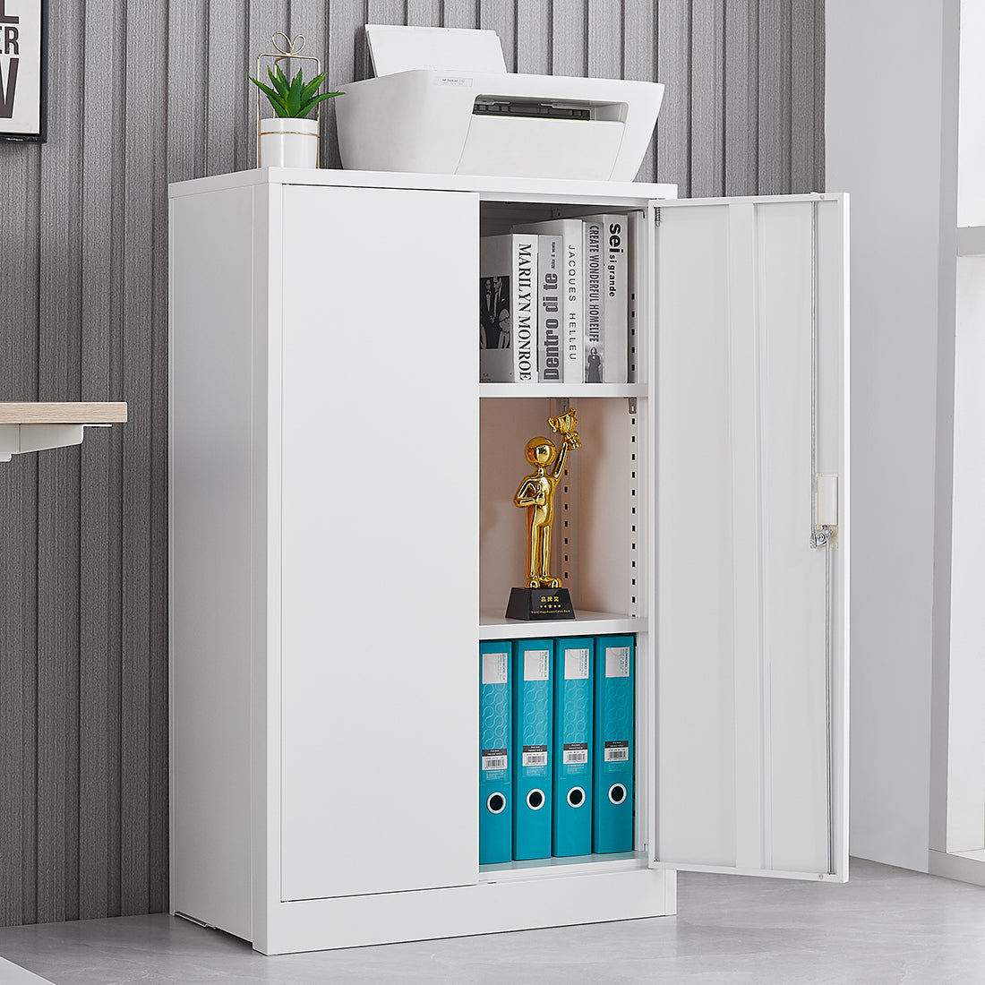 HAOYYE Metal Storage Cabinet with Locking Doors and Adjustable Shelves, Folding Filing Storage Locker Cabinet for Home Office, School, Garage, Durable and Space-Saving White Storage Solution