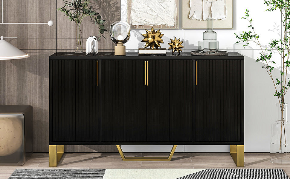 HAOYYE Modern Sideboard with Four Doors, Metal Handles and Legs, Adjustable Shelves, Stylish Storage Cabinet for Kitchen, Dining Room, Living Room, Black, Sturdy Space-Saving Heavy Duty Design, Ideal for Home and Apartment, Easy Assembly