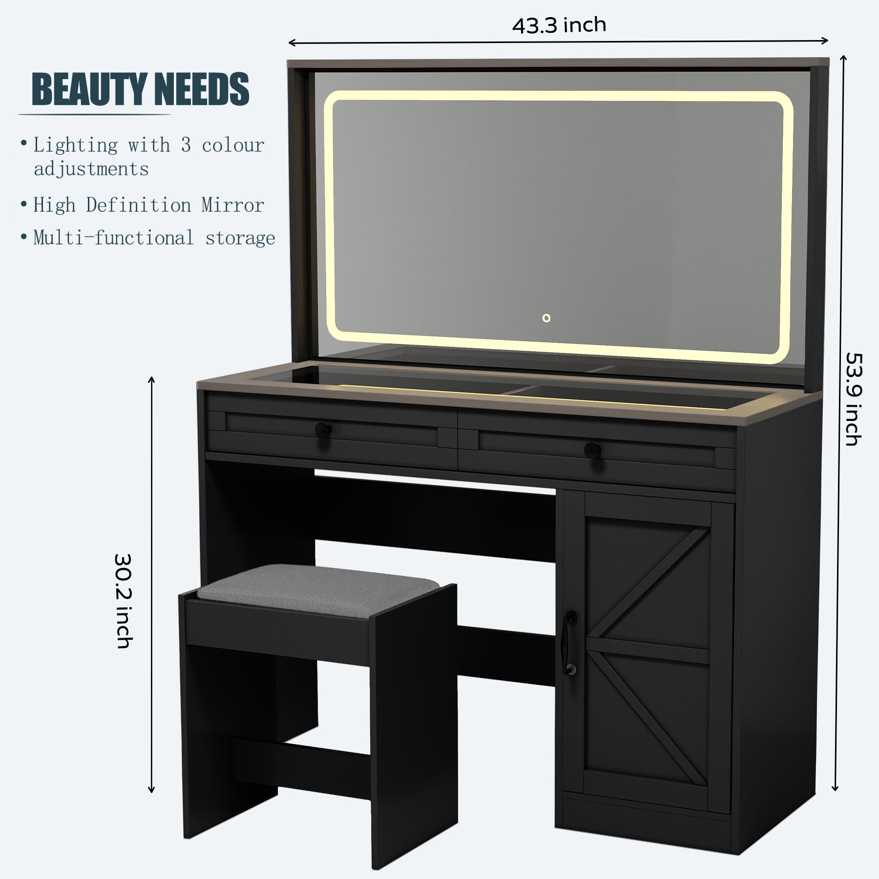HAOYYE Makeup Vanity Table with LED Light, Large Mirror, Adjustable Brightness, Dressing Table Desk with 3 Drawers, Black Vanity Desk with Stool, Sturdy Space-Saving Design