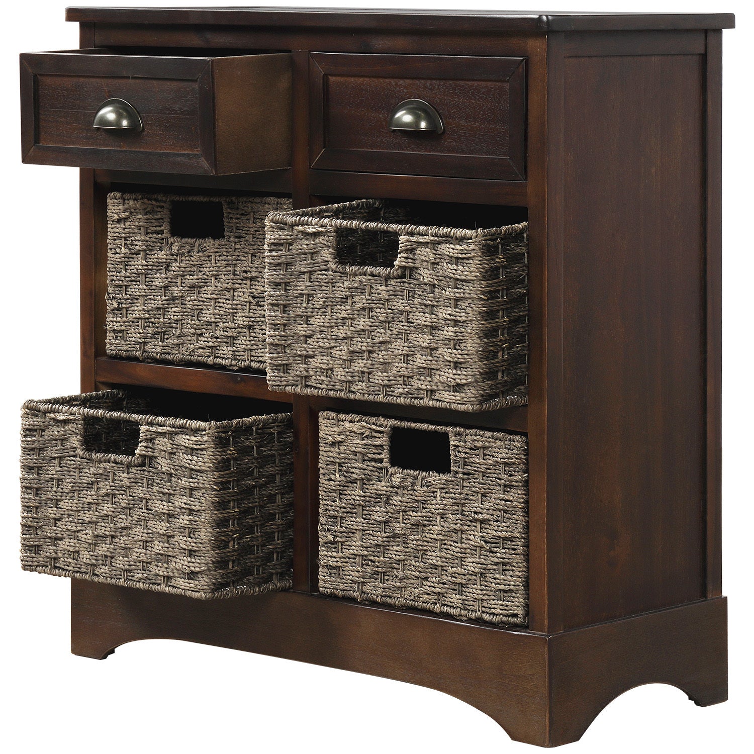 HAOYYE Rustic Storage Cabinet with Two Drawers and Four Classic Rattan Baskets for Dining Room or Living Room, Espresso, Sturdy Space-Saving Design, Heavy Duty Construction, Easy Assembly, Durable and Stylish Home Furniture