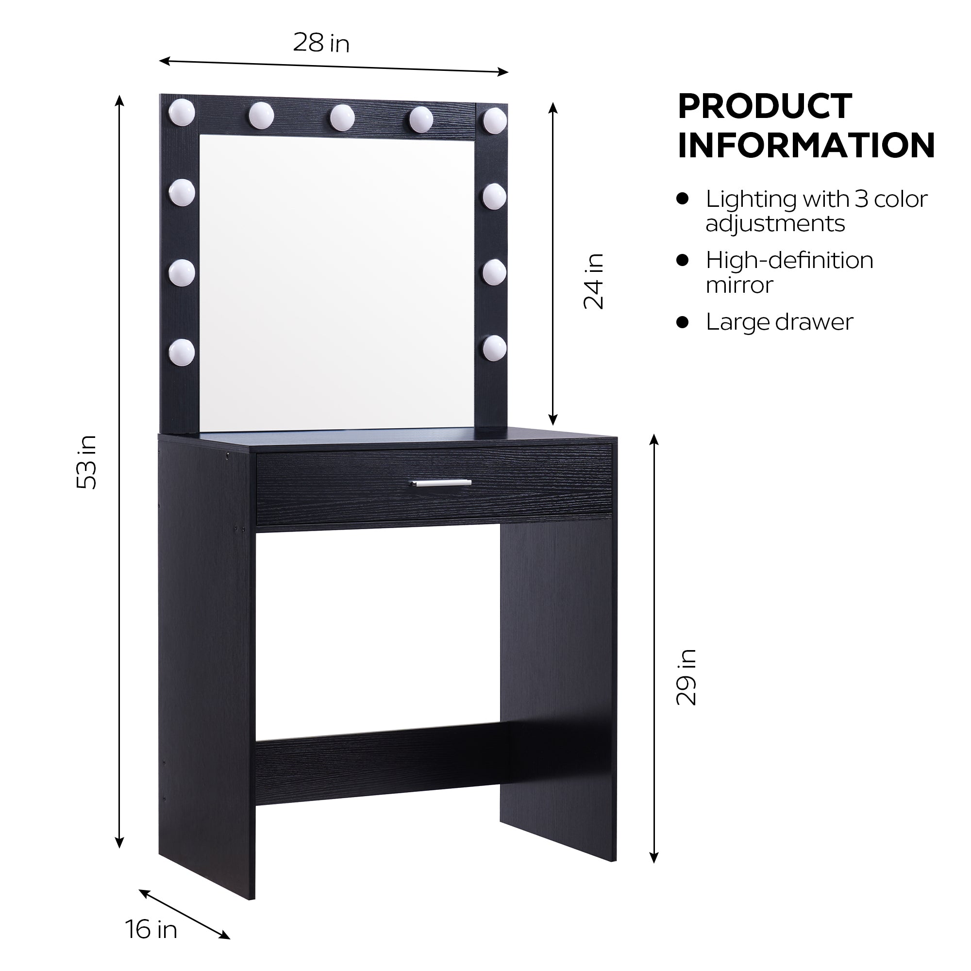 HAOYYE Vanity Desk with Mirror and Lights, Dressing Table with Large Drawer, 1 Level Storage Dresser & 3 Lighting Modes Adjustable Brightness, Suitable for Bedroom(Black)