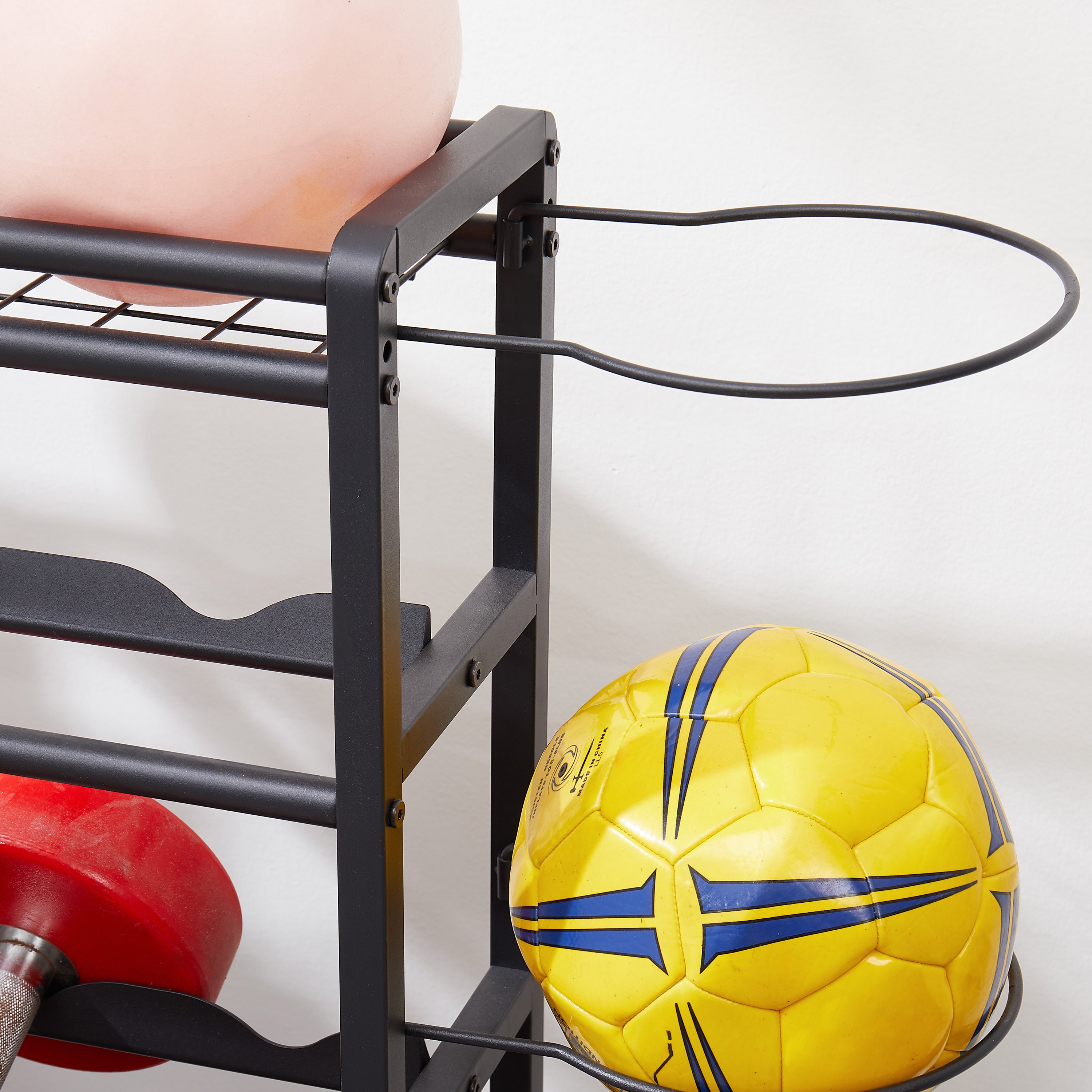 HAOYYE 4-Tier Metal Storage Organizer with Rolling Wheels for Basketball Sports Equipment Organizer for Yoga Mat Larger Ball Storage Rack with Baskets and Hooks, Indoor or Outdoor for Tennis Racket,Football