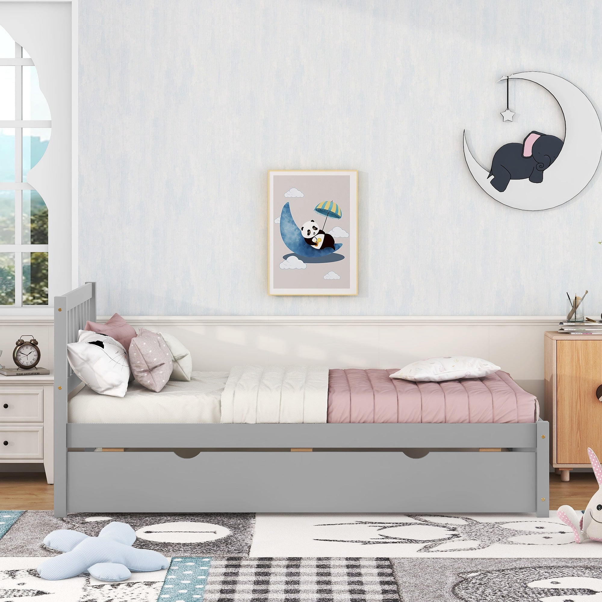 HAOYYE Modern Design Wooden Twin Size Platform Bed Frame with Trundle for Grey Color Sturdy Space-Saving Heavy Duty Easy Assembly Durable Stylish Home Furniture Versatile