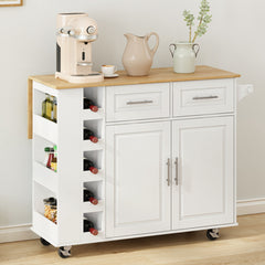 HAOYYE Multi-Functional Kitchen Island Cart with 2 Door Cabinet, 2 Drawers, Spice Rack, Towel Holder, Wine Rack, and Foldable Rubberwood Table Top, Sturdy Space-Saving Design, Heavy Duty Modern Style for Kitchen Storage
