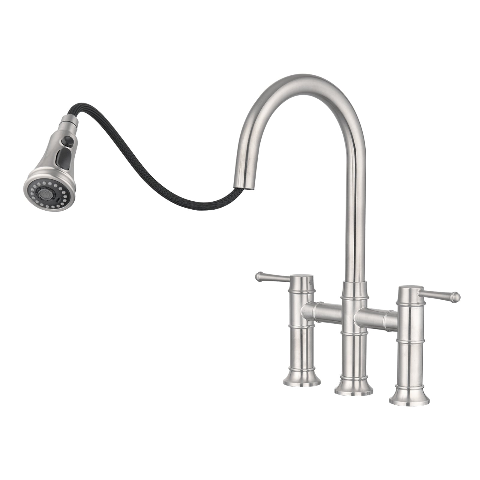 HAOYYE Double Handle Bridge Kitchen Faucet With Pull-Down Spray Head Sturdy Space-Saving Heavy Duty Modern Design Adults Dorm Room Easy Assembly Bedroom Furniture