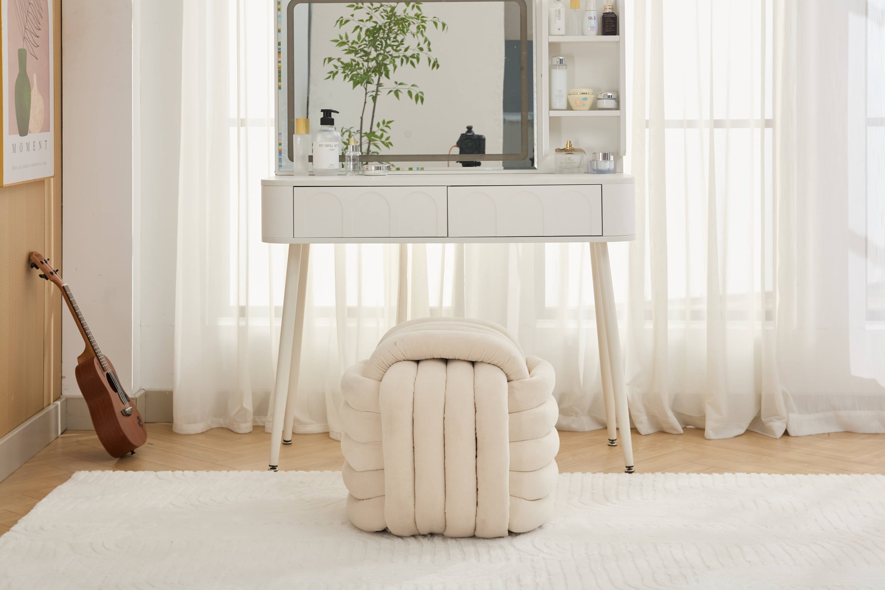 Haoyye Chenille Fabric Knot Design Ottoman Footstool Makeup Stool, Comfortable and Stylish Seat, Modern Upholstered Chair for Living Room or Bedroom, Beige, Sturdy and Space-Saving Furniture